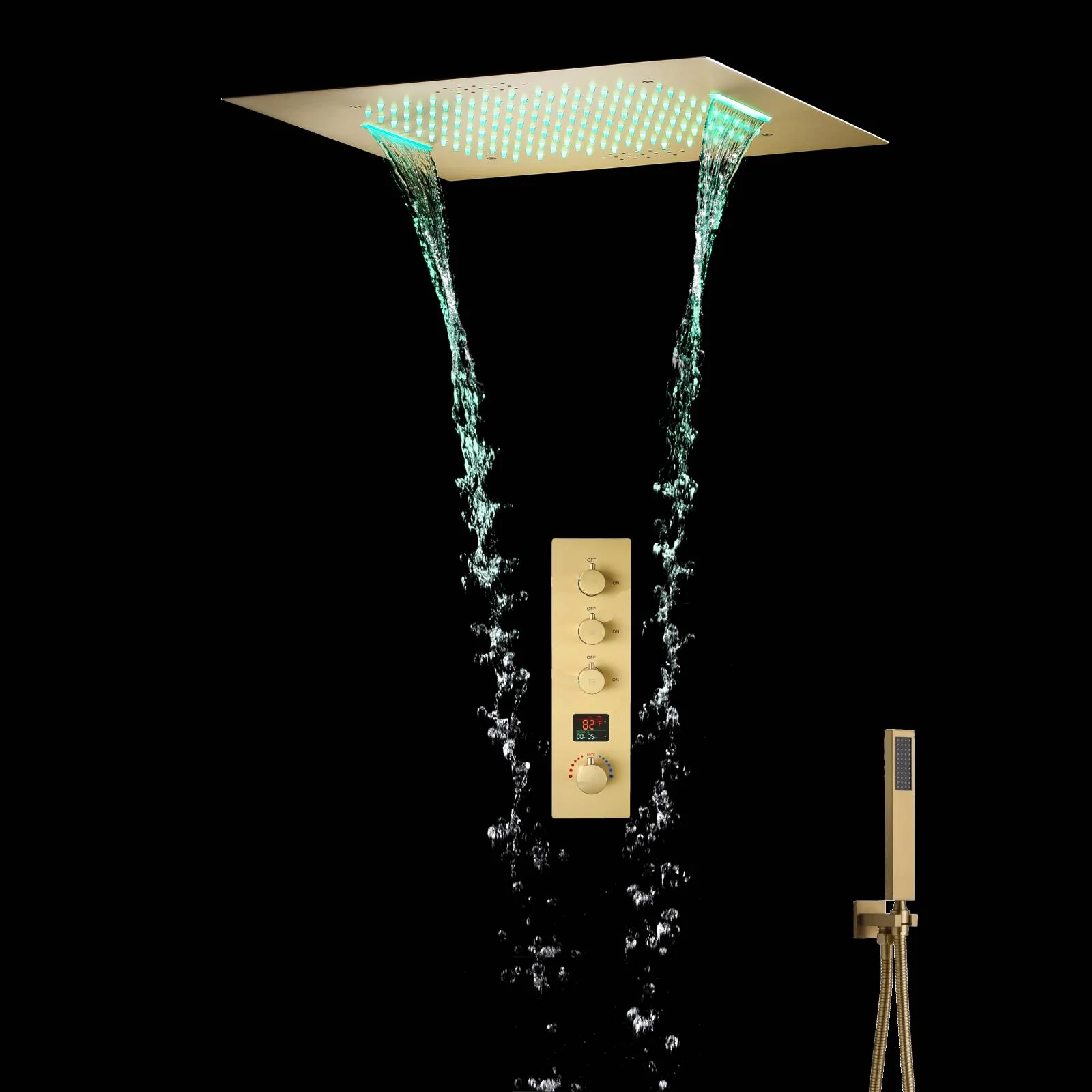 Brushed Gold 20-Inch Flush-Mounted Rainfall & Waterfall Shower System with Digital Display Thermostatic Faucet, 64-Color LED, Music, and 3-Way Functionality - All Functions Operable Simultaneously or Separately - Image 2