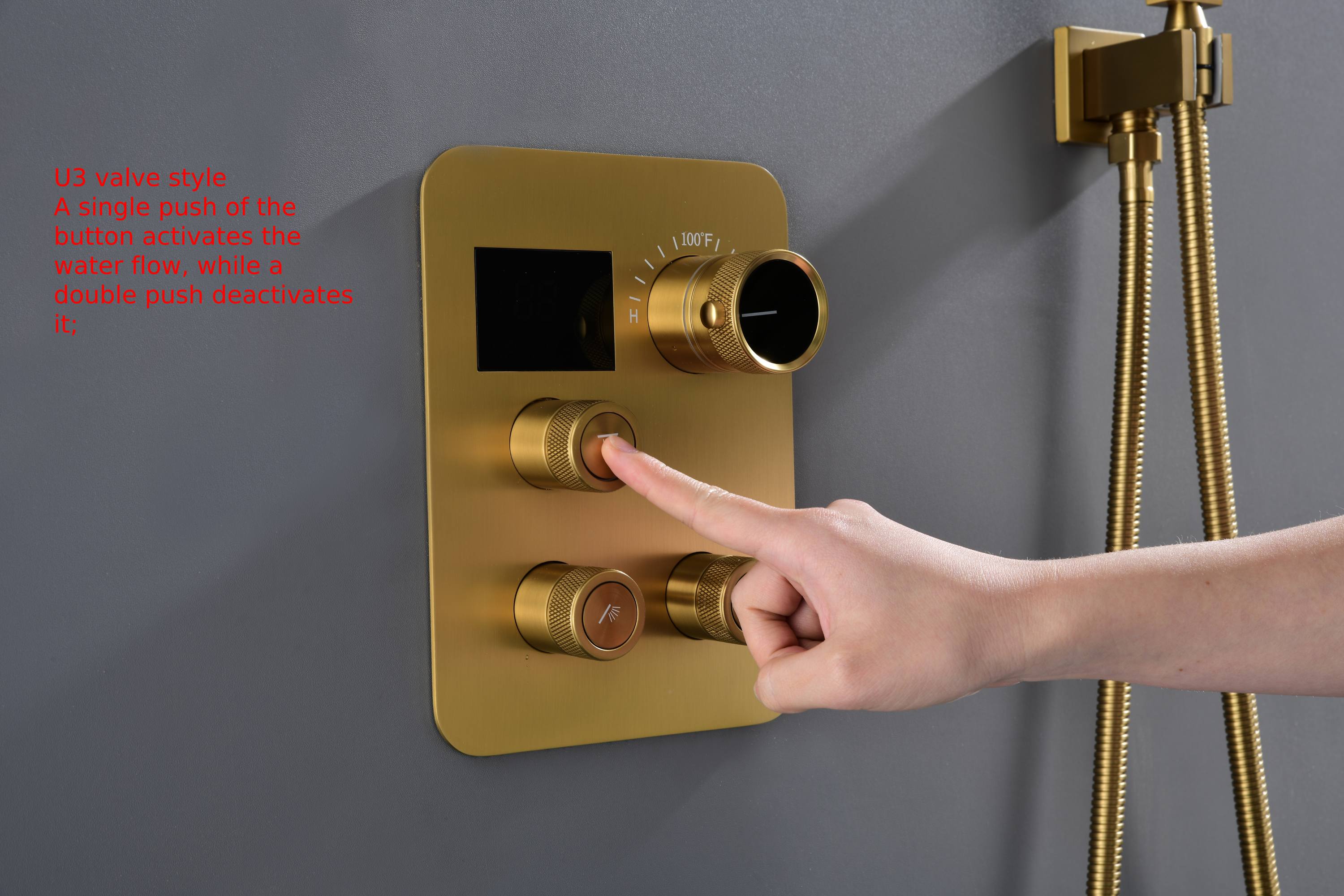 Brushed Gold 20-Inch Flush-Mounted Rainfall & Waterfall Shower System with Digital Display Thermostatic Faucet, 64-Color LED, Music, and 3-Way Functionality - All Functions Operable Simultaneously or Separately - Image 6