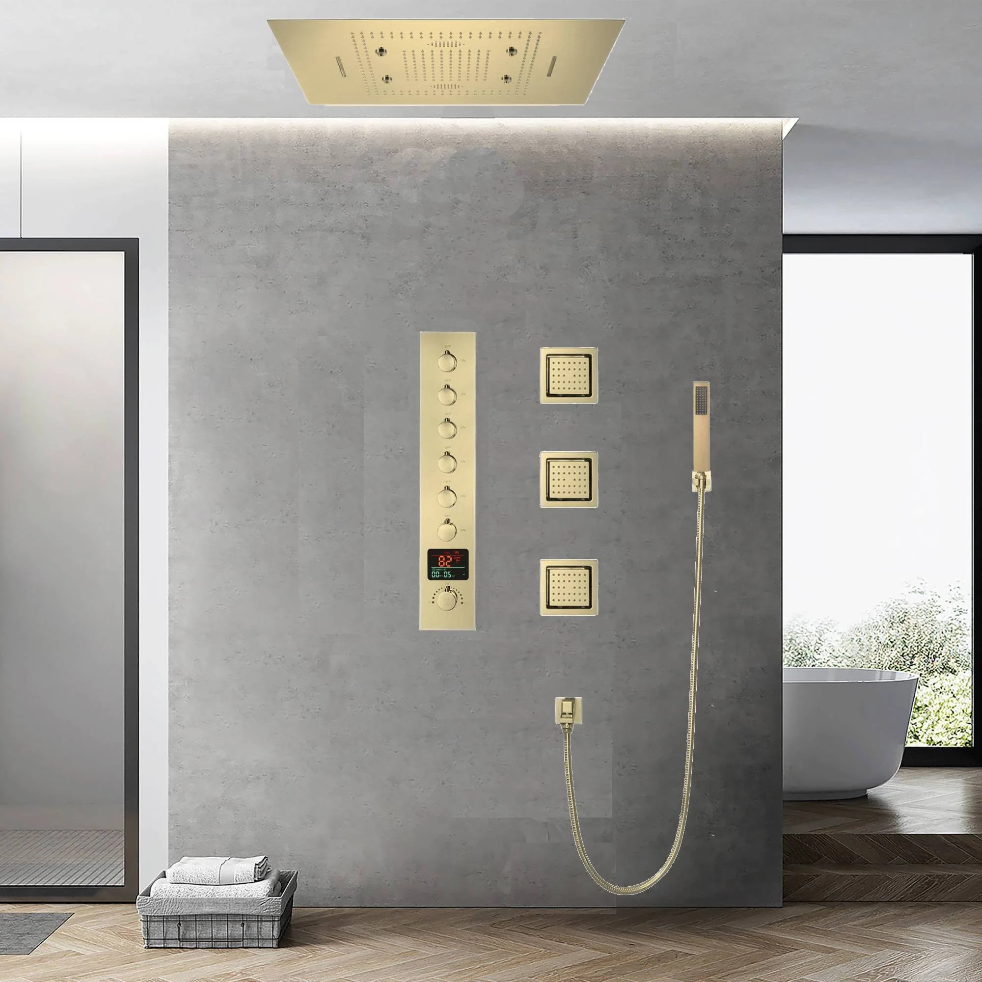31-Inch Brushed Gold Flush-Mounted LED Music Shower Head with Optional Digital Display - 6-Way Thermostatic Shower Faucet - Independent or Combined Functionality - Image 10