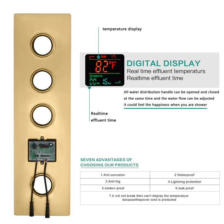 Brushed Gold 3-Way Digital Display Thermostatic Shower System: Featuring Body Jets and a 6-Inch Regular Head with Independent and Simultaneous Functionality - Image 13
