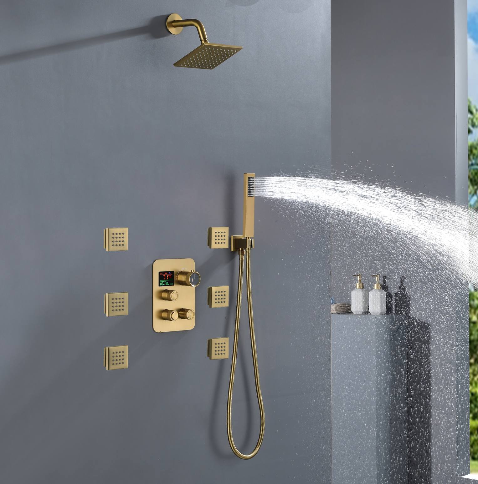 Brushed Gold 3-Way Digital Display Thermostatic Shower System: Featuring Body Jets and a 6-Inch Regular Head with Independent and Simultaneous Functionality - Image 2