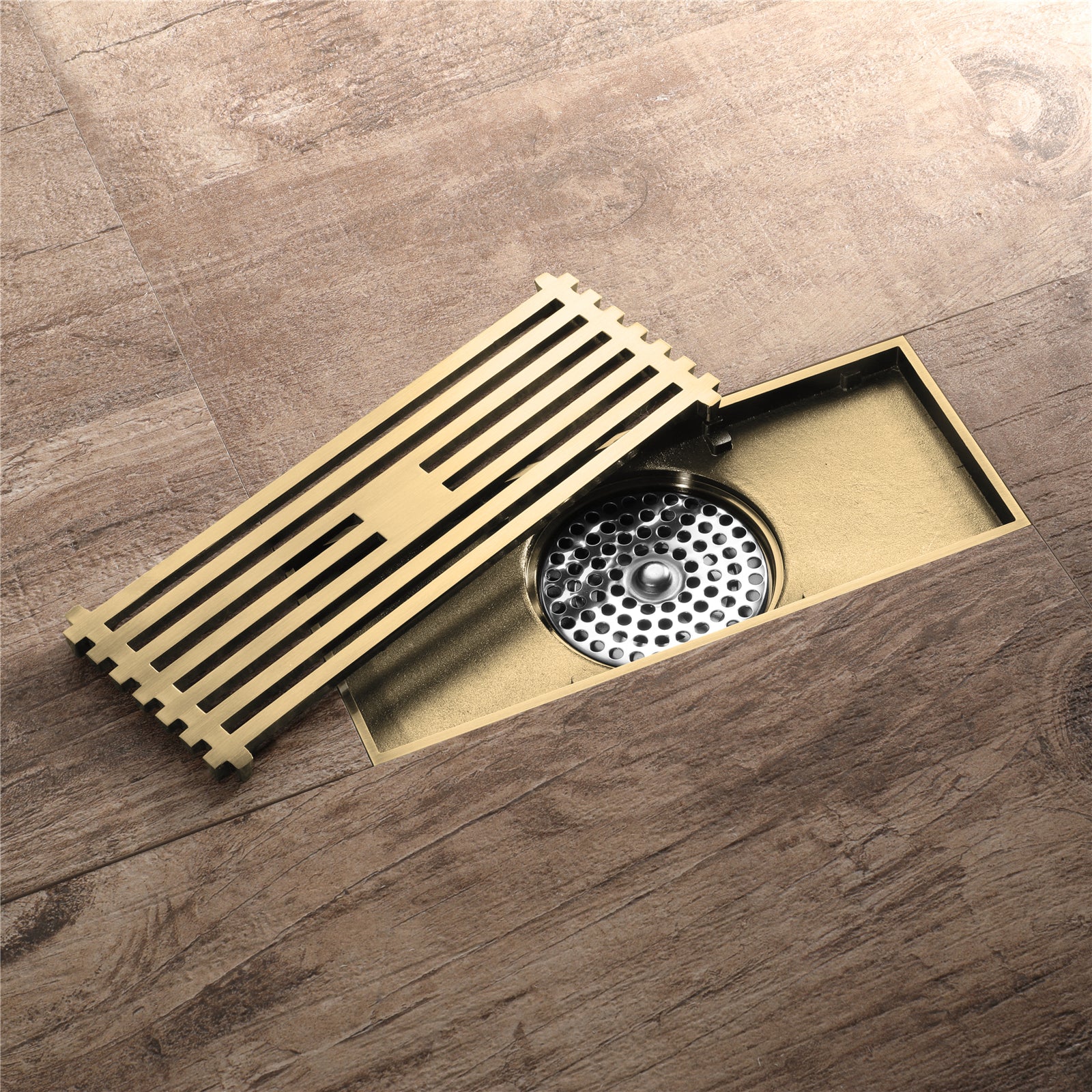 8 x3 Inch or 4 x 4 inch Shower Linear Brushed Gold Drain Rectangular Floor Drain with Accessories Square Hole Pattern Cover Grate Removable Brushed Gold Brass