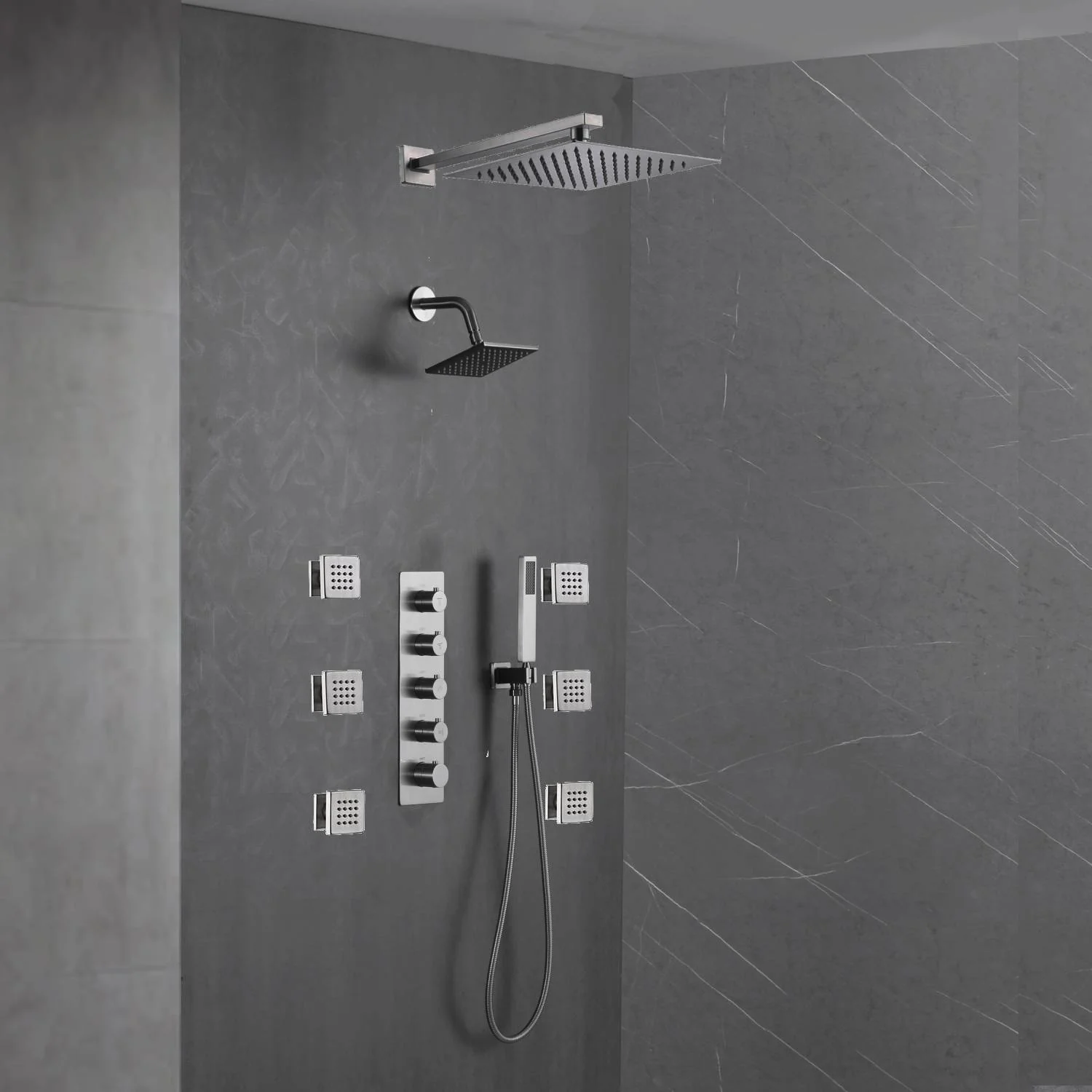 Brushed Nickel 4-Way Thermostatic Wall Mount Shower System - Featuring Dual Functionality with 12 or 16-inch LED or Non-LED Rain Head and High Pressure 6-inch Regular Head - Image 4