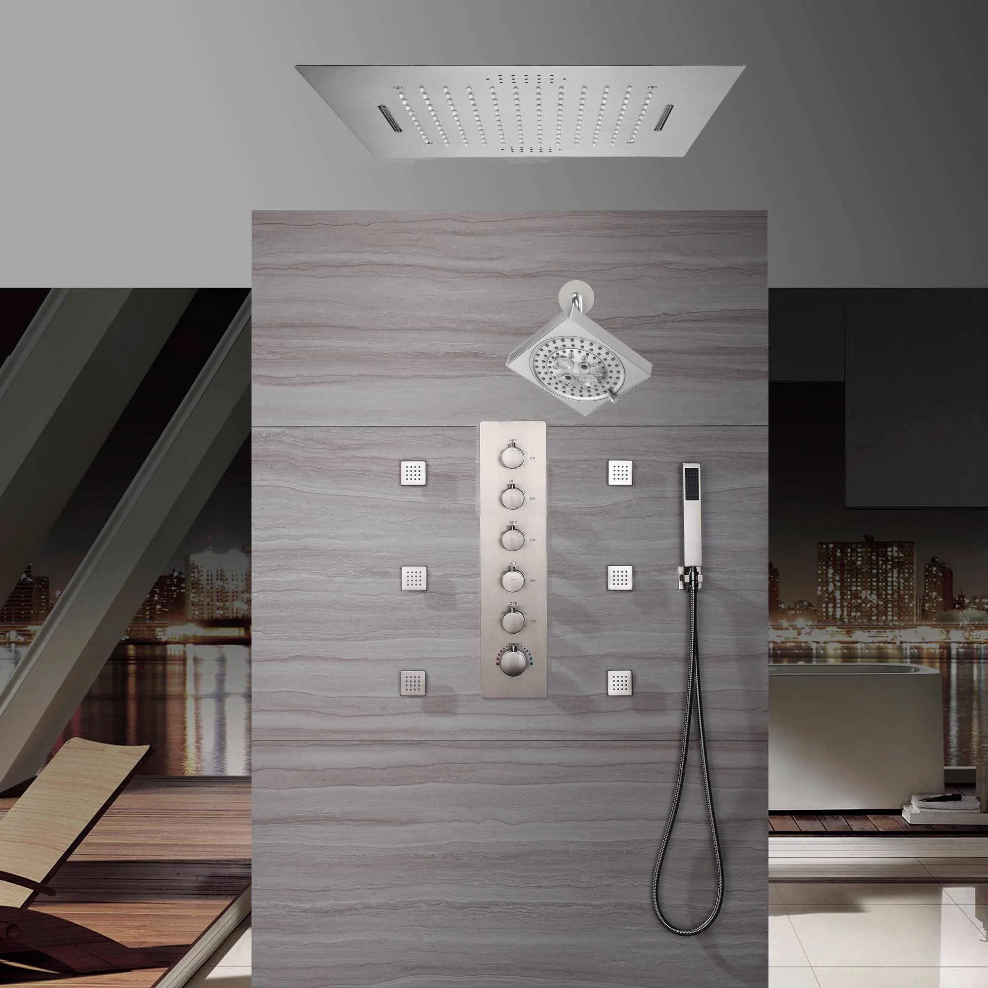 Flush-Mounted Brushed Nickel 5-Way Digital Thermostatic Shower System: with Six Body Jets, Regular Head, and 20-Inch Rainfall Waterfall LED-Lit Bluetooth Music Shower Head - Image 4