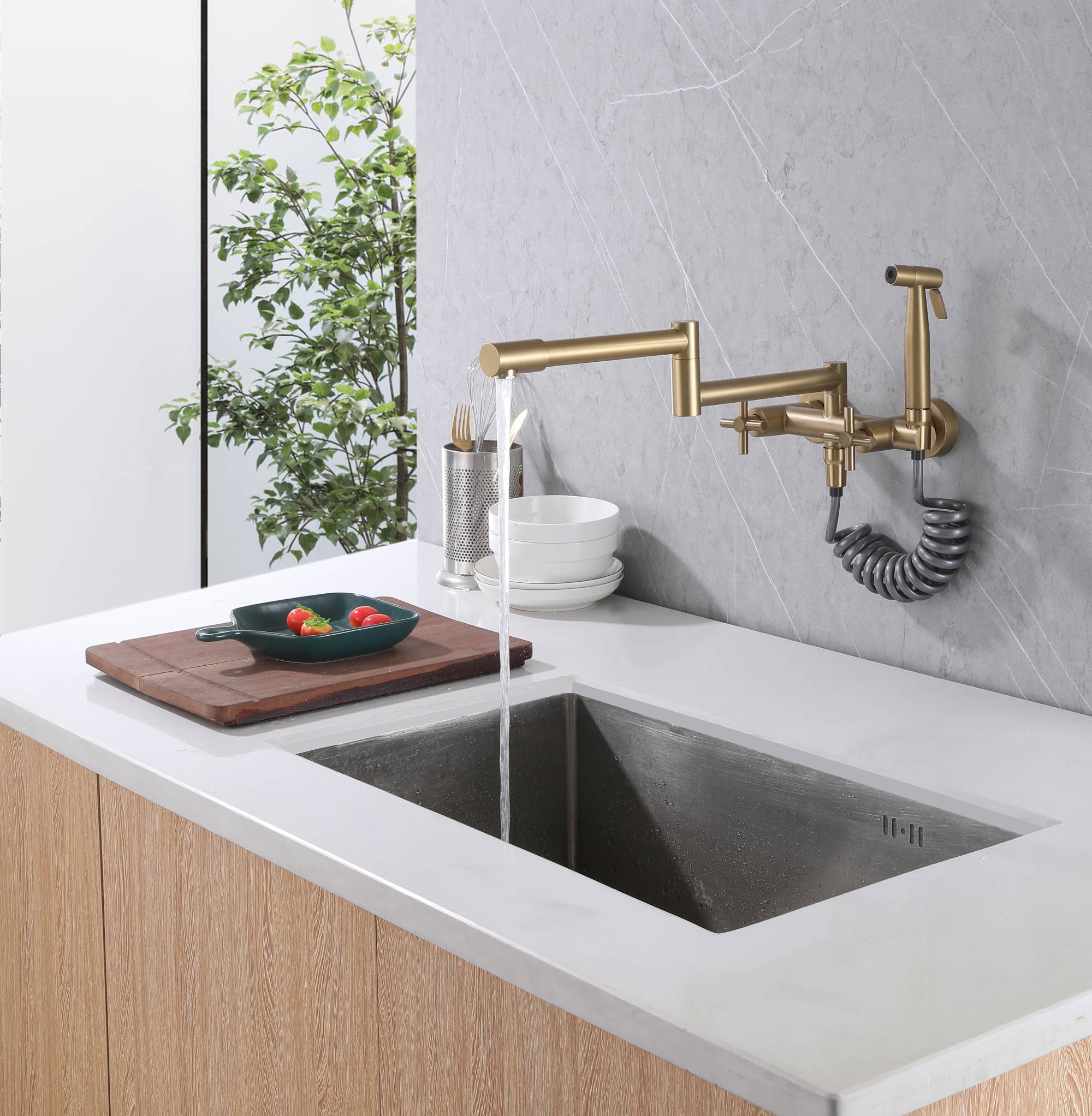 Brushed Gold Pot Filler Faucet Folding Stretchable Brass Hot & Cold Kitchen Faucet Wall Mount with side sprayer