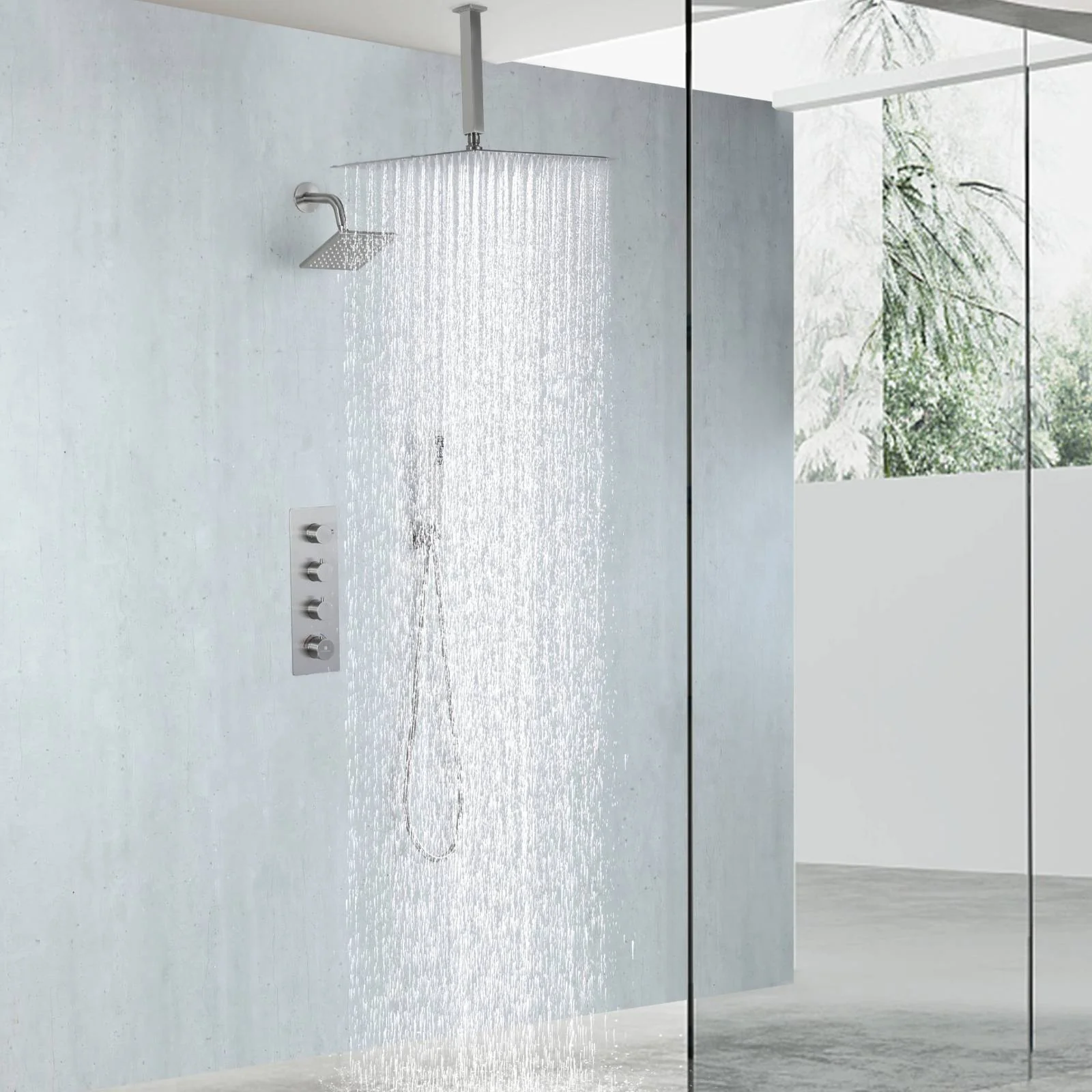 Brushed Nickel Rainfall Shower Head System: Available in 12'' or 16'', Optional LED Light, High Pressure, 3-Way Thermostatic Faucet, Simultaneous or Separate Functionality, with Optional Digital Display - Image 4