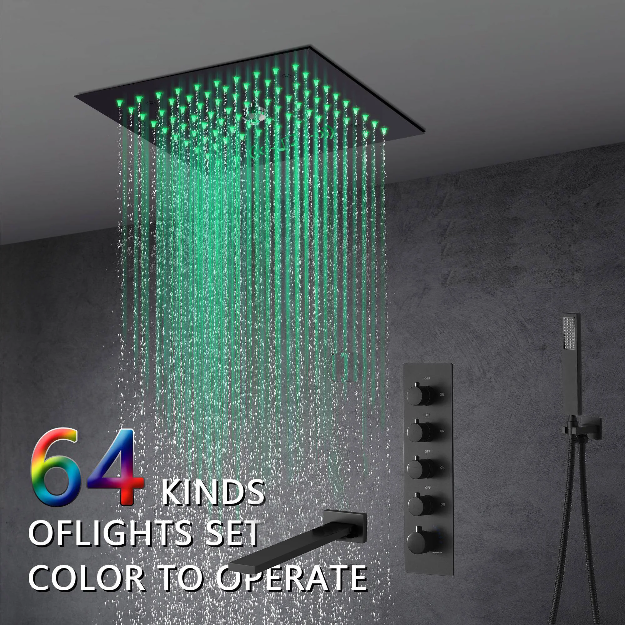 Flushed mount 12 inch 64 LED colors light Matte Black Bluetooth Music 4 Way Thermostatic Shower Faucet with Tub Spout
