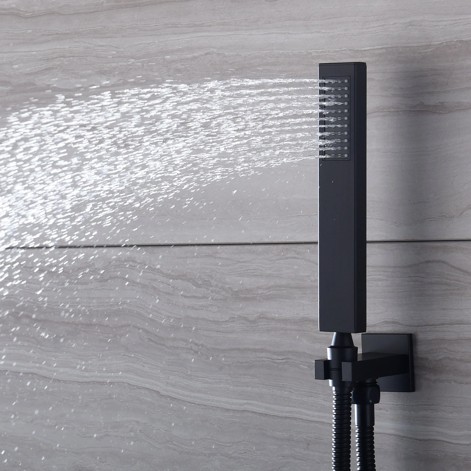 matte black 23 inch rainfall waterfall 64 LED lights Bluetooth Music shower 4 way digital display thermostatic shower system with to touch panel and 6 body jets - Image 5