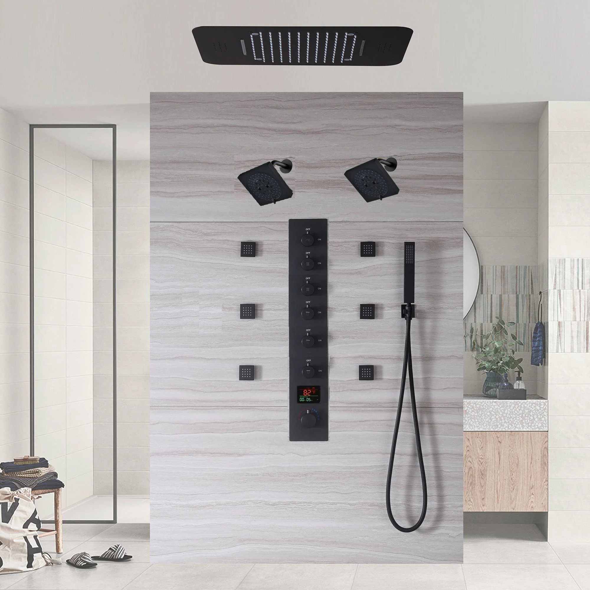 Matte Black LED Music Shower System: 20", or 23" with 6-Way Digital Thermostatic Control, Body Jets,