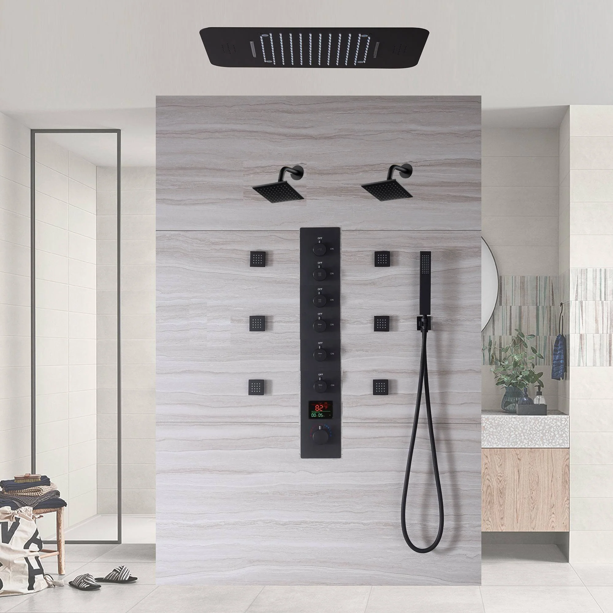 Matte Black LED Music Shower System: 20", or 23" with 6-Way Digital Thermostatic Control, Body Jets, - Image 2