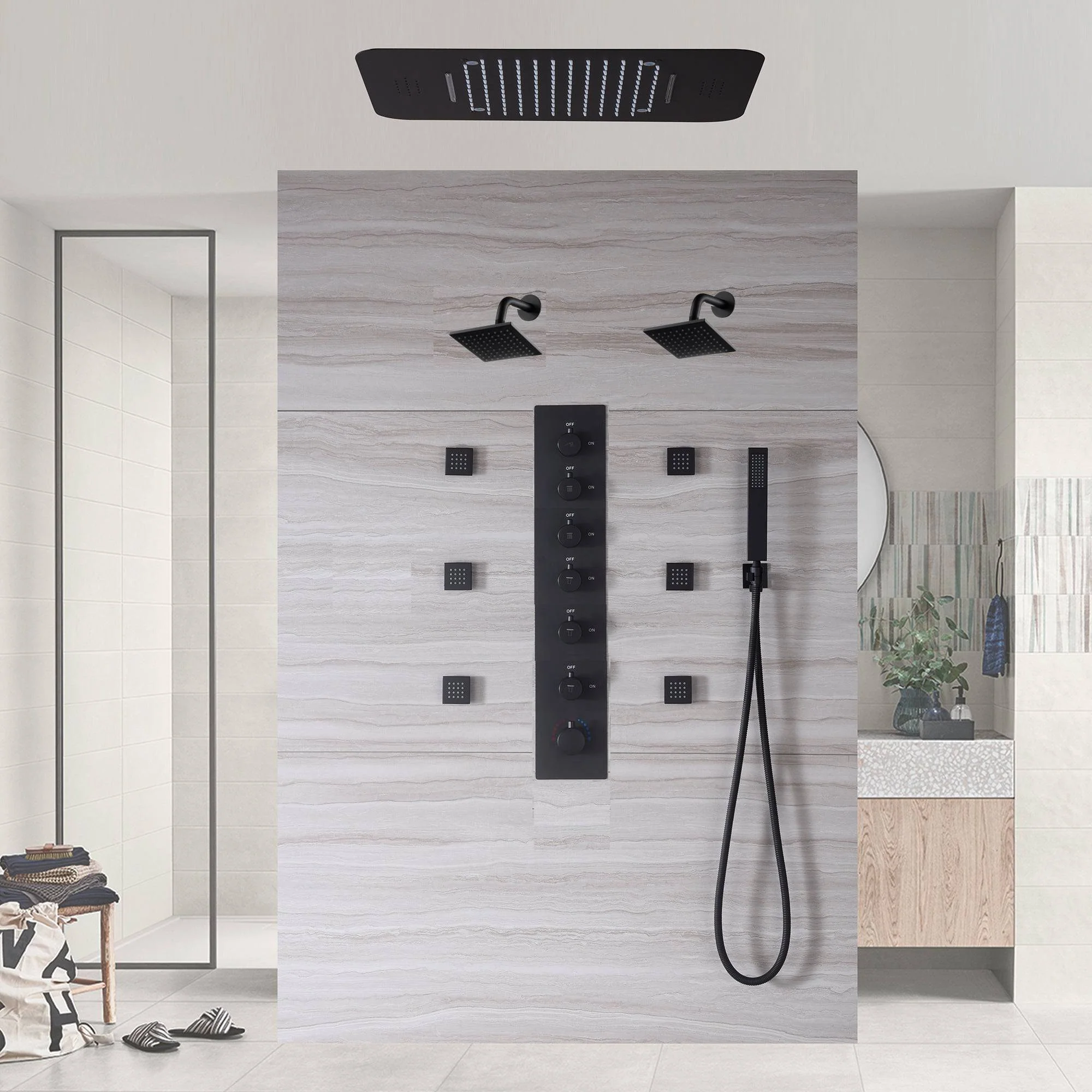 Matte Black LED Music Shower System: 20", or 23" with 6-Way Digital Thermostatic Control, Body Jets, - Image 3