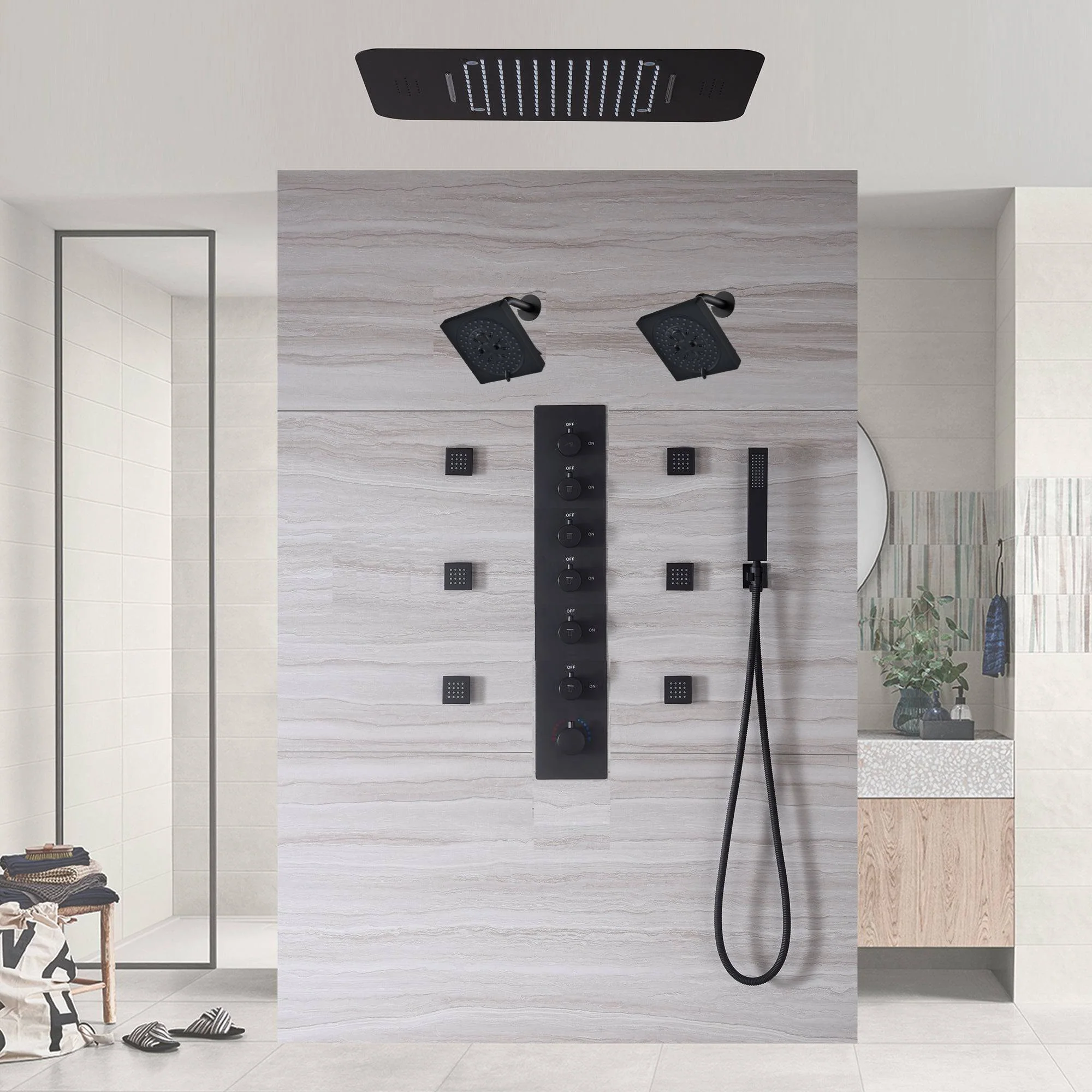 Matte Black LED Music Shower System: 20", or 23" with 6-Way Digital Thermostatic Control, Body Jets, - Image 4