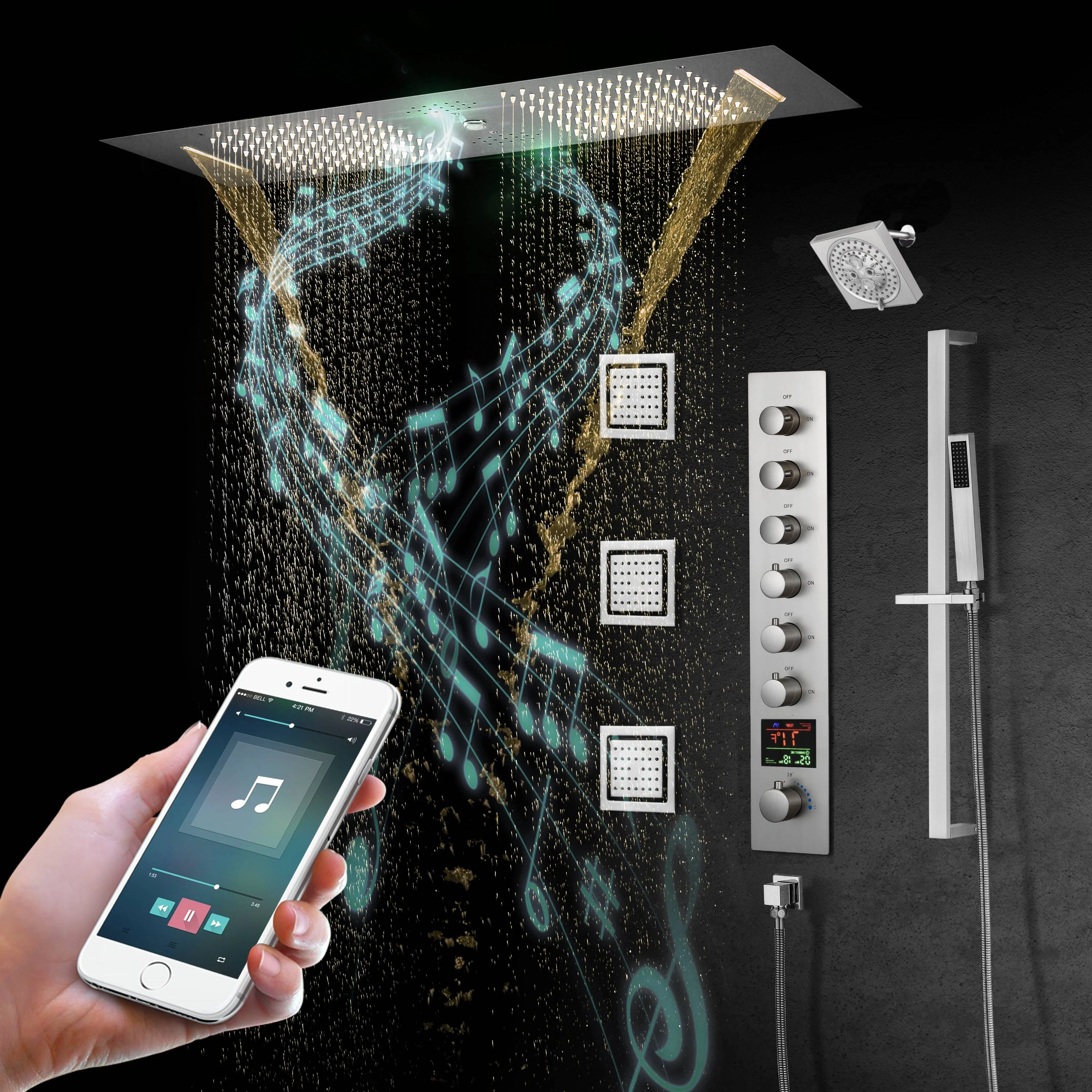 Matte Black Or Brushed nickel 35" Bluetooth Music LED Shower System with Waterfall, 6-Way Digital Thermostatic Valve, 3 Body Jets - Image 25