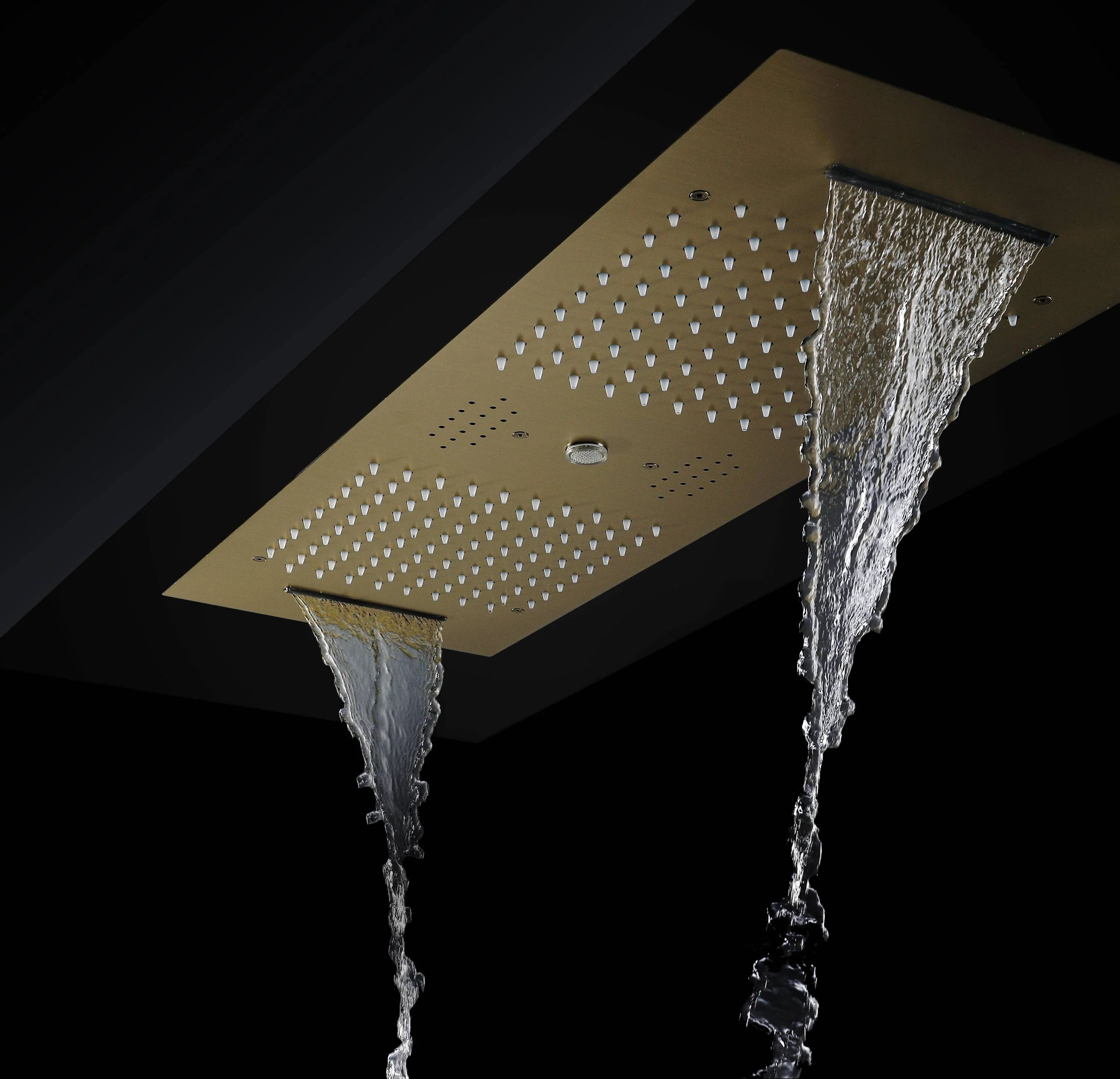 Brushed Gold 35-Inch LED Rainfall, Waterfall and Water Column Shower System with Bluetooth Music, 5-Way Thermostatic Valve, 3 Body Jets, Touch Panel, and Sliding Bar - Image 8