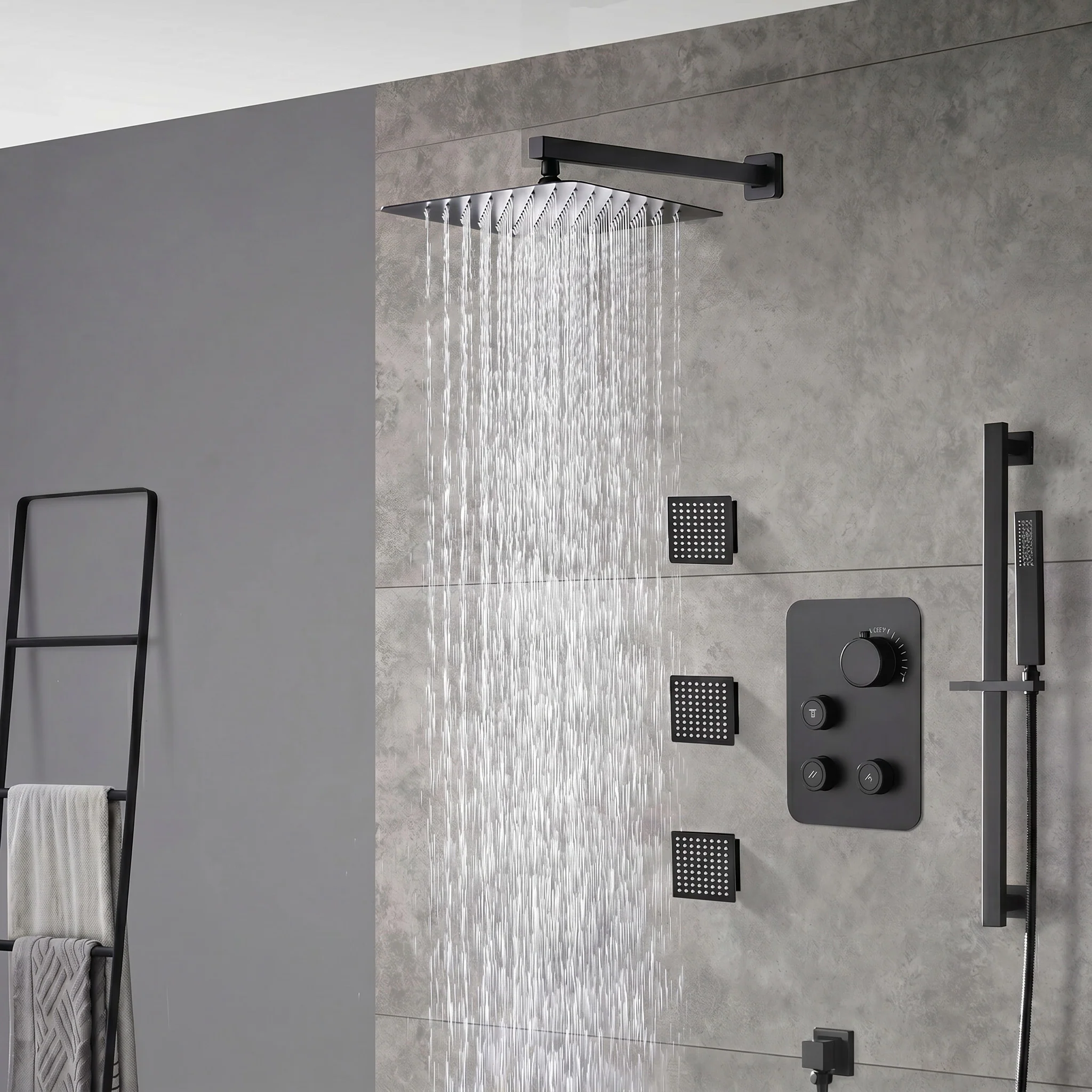 matte black Wall mount 12 inch or 16 inch rain head 3 way digital display thermostatic shower faucet with large body sprayers - Image 2