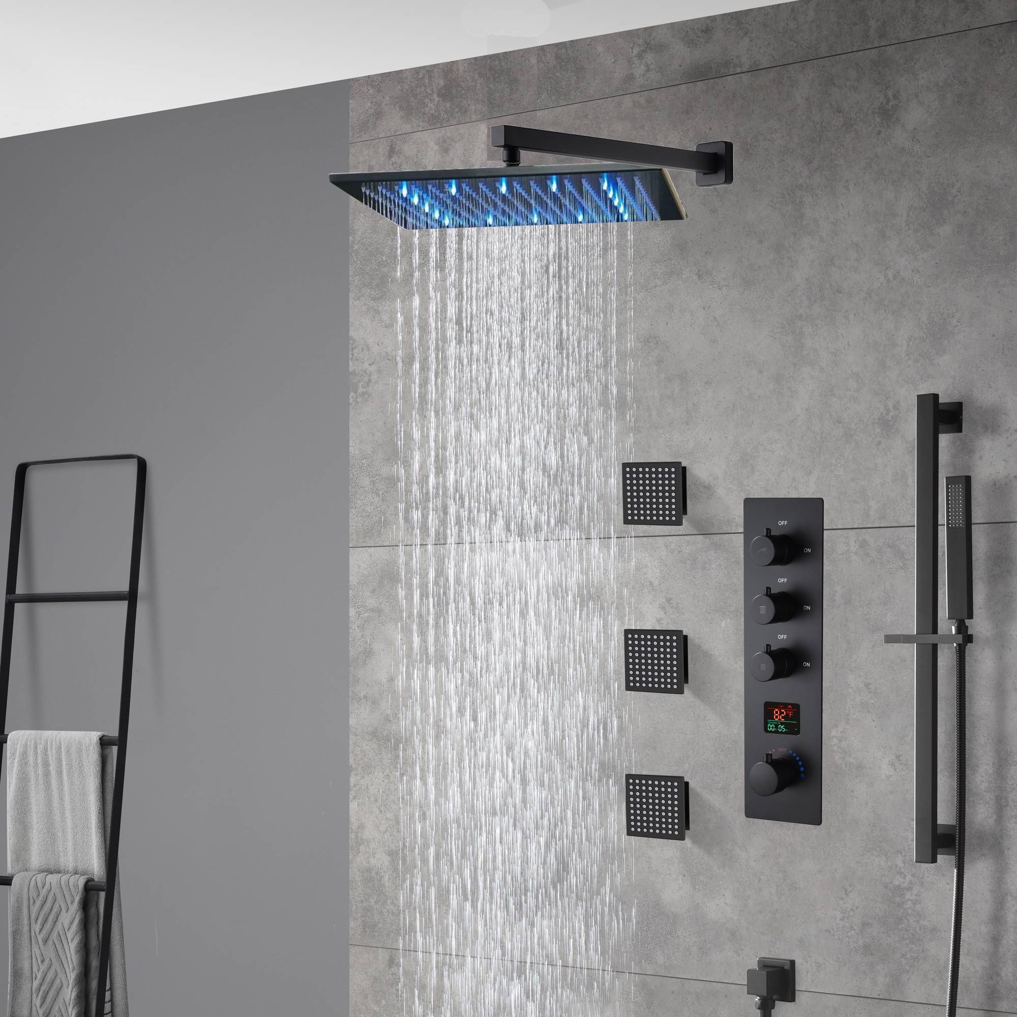 matte black Wall mount 12 inch or 16 inch rain head 3 way digital display thermostatic shower faucet with large body sprayers - Image 4