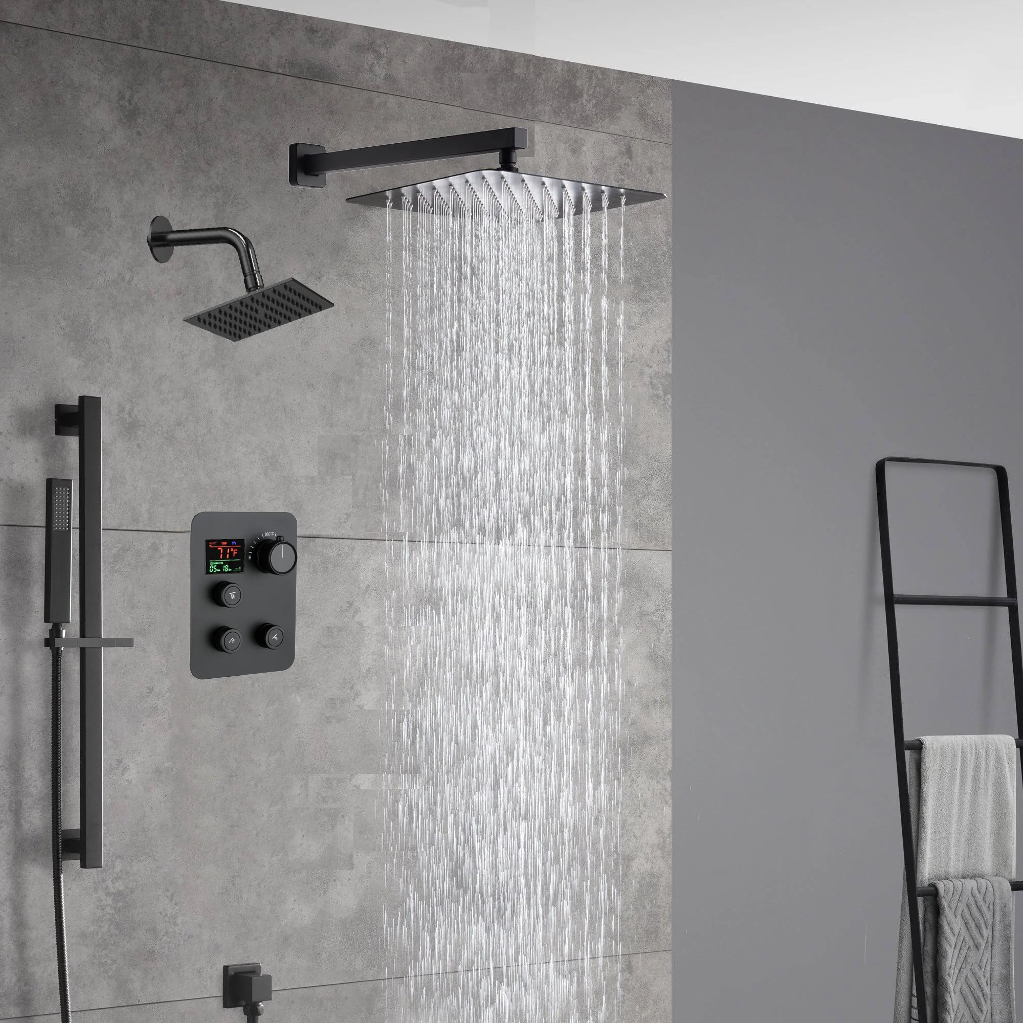 matte black Wall mount 12 inch or 16 inch rain head 3 way digital display thermostatic shower faucet with Regular head - Image 3