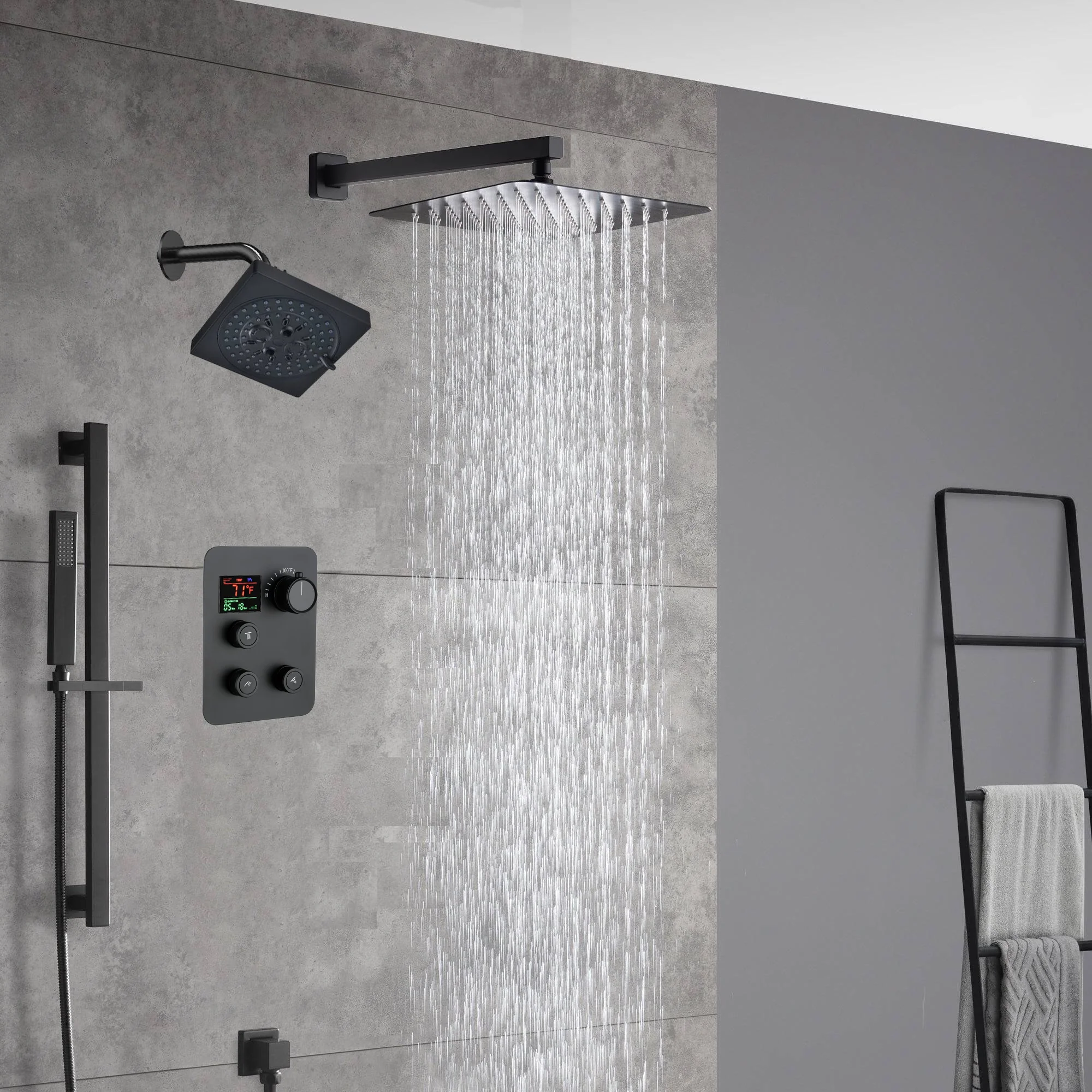 matte black Wall mount 12 inch or 16 inch rain head 3 way digital display thermostatic shower faucet with Regular head - Image 4