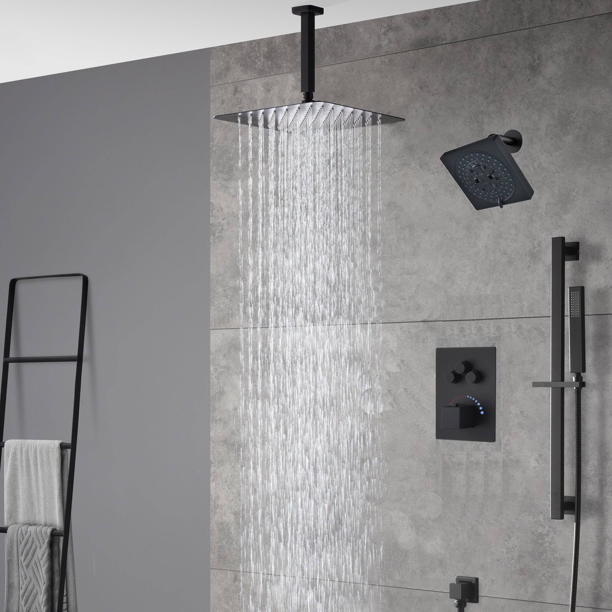 matte black ceiling mount 12 inch or 16 inch rain head 3 way thermostatic shower faucet with Regular head wall mount - Image 5