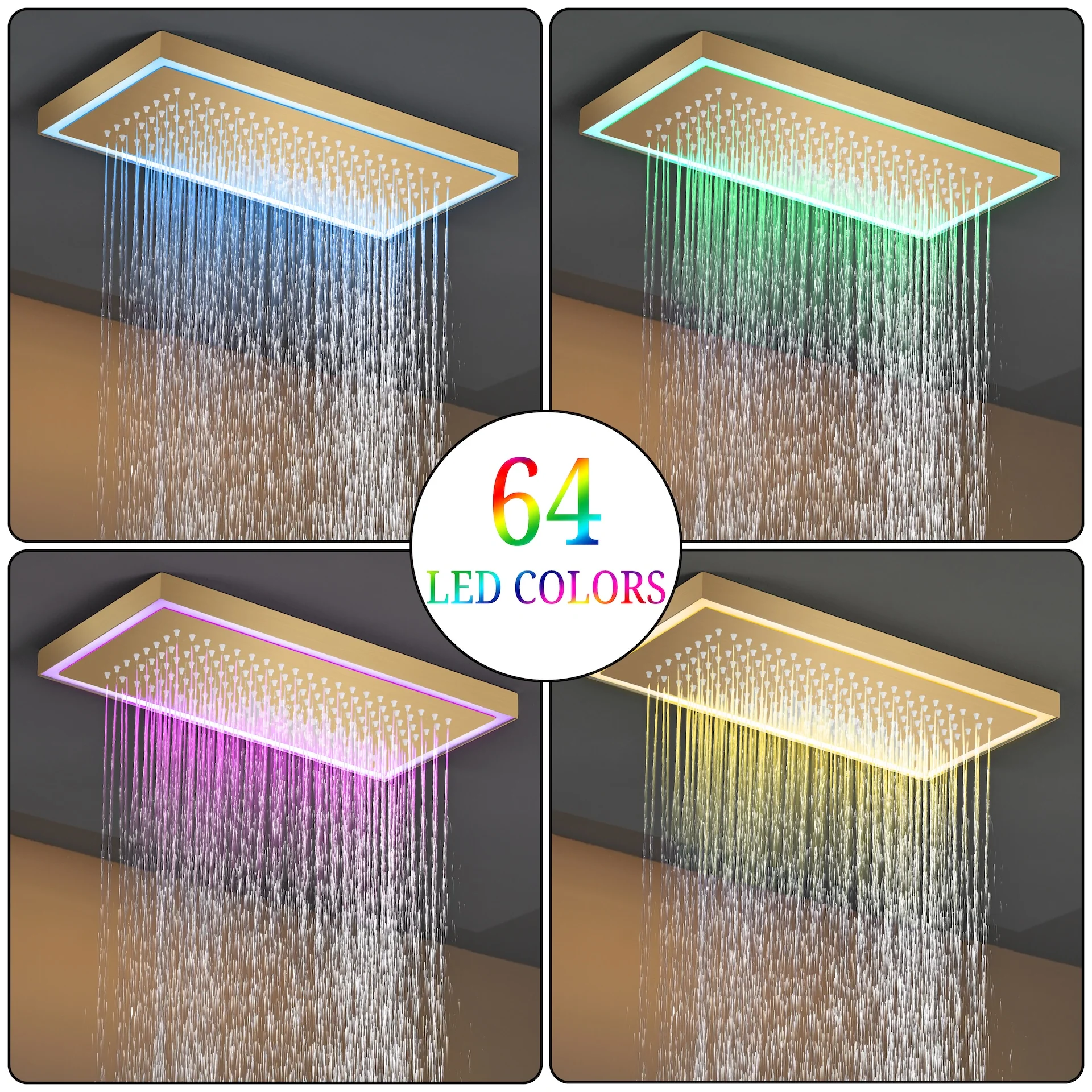 Flush Mount 16 x 16 inch or 32 x 8 inch rainfall waterfall 64 LED light Shower Head 3 way Digital Display Shower Faucet - Image 11