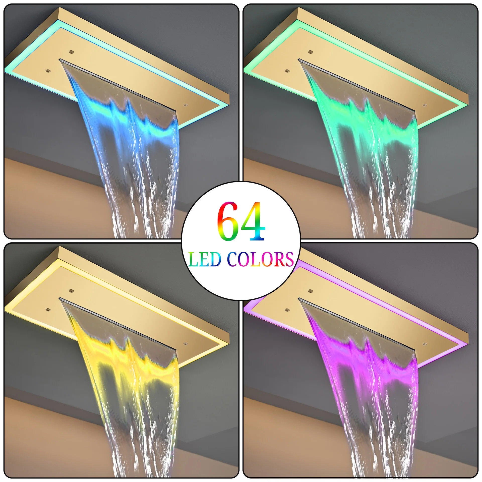 Flush Mount 16 x 16 inch or 32 x 8 inch rainfall waterfall 64 LED light Shower Head 3 way Digital Display Shower Faucet - Image 12