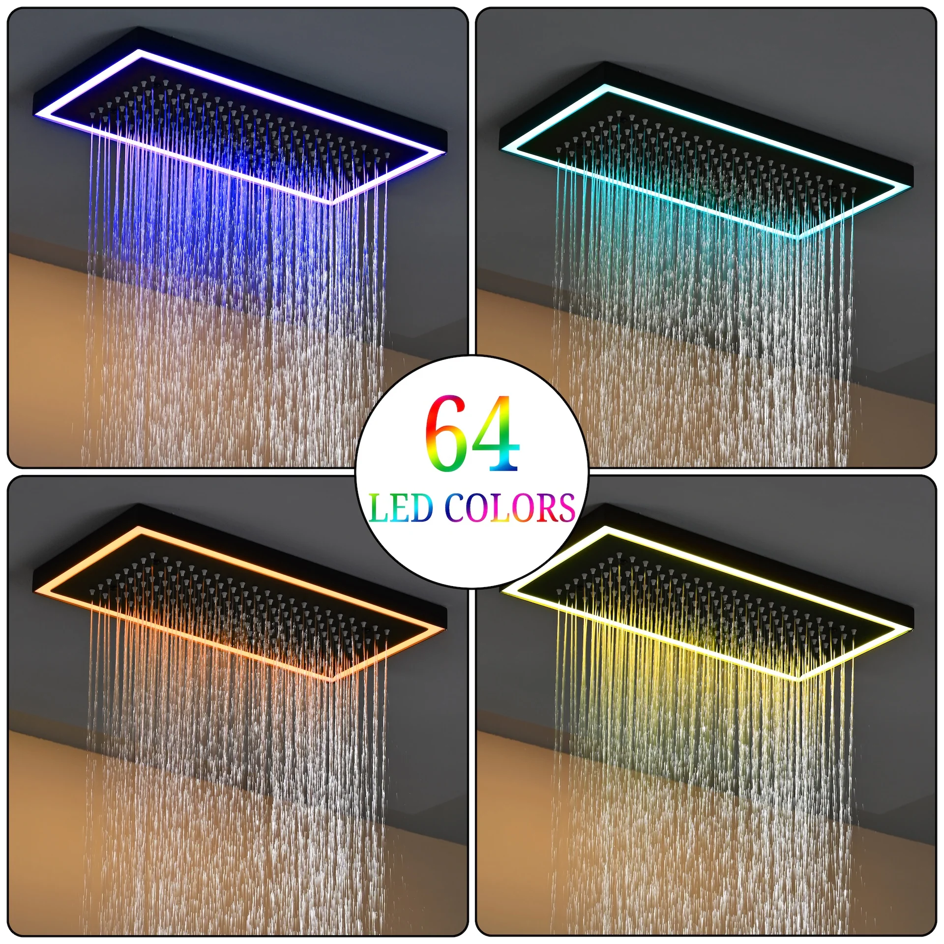 Flush Mount 16 x 16 inch or 32 x 8 inch rainfall waterfall 64 LED light Shower Head 3 way Digital Display Shower Faucet - Image 21