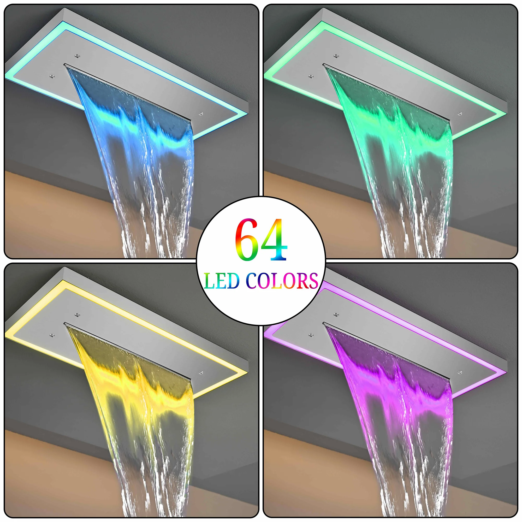 Flush Mount 16 x 16 inch or 32 x 8 inch rainfall waterfall 64 LED light Shower Head 3 way Digital Display Shower Faucet - Image 3