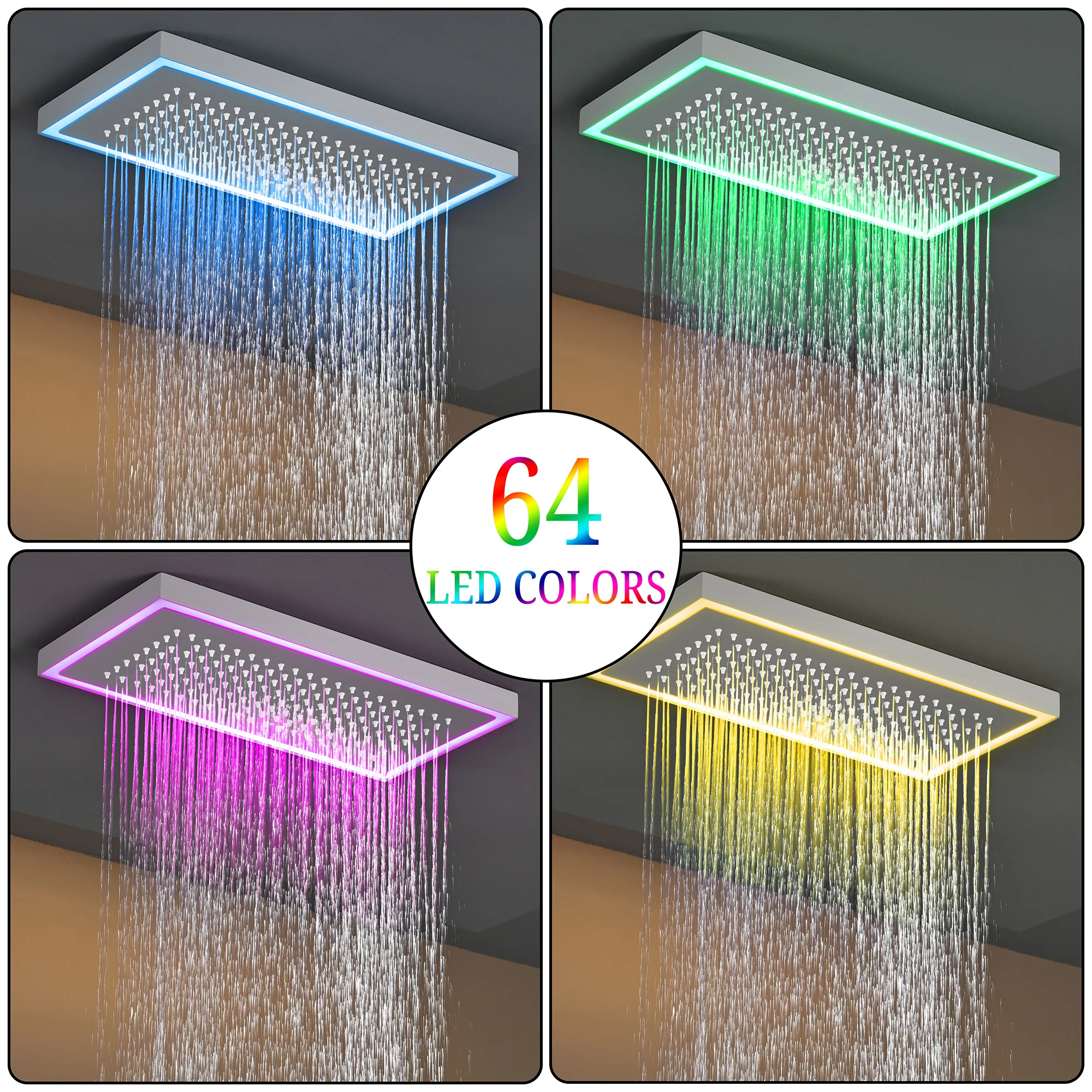 Flush Mount 16 x 16 inch or 32 x 8 inch rainfall waterfall 64 LED light Shower Head 3 way Digital Display Shower Faucet - Image 4