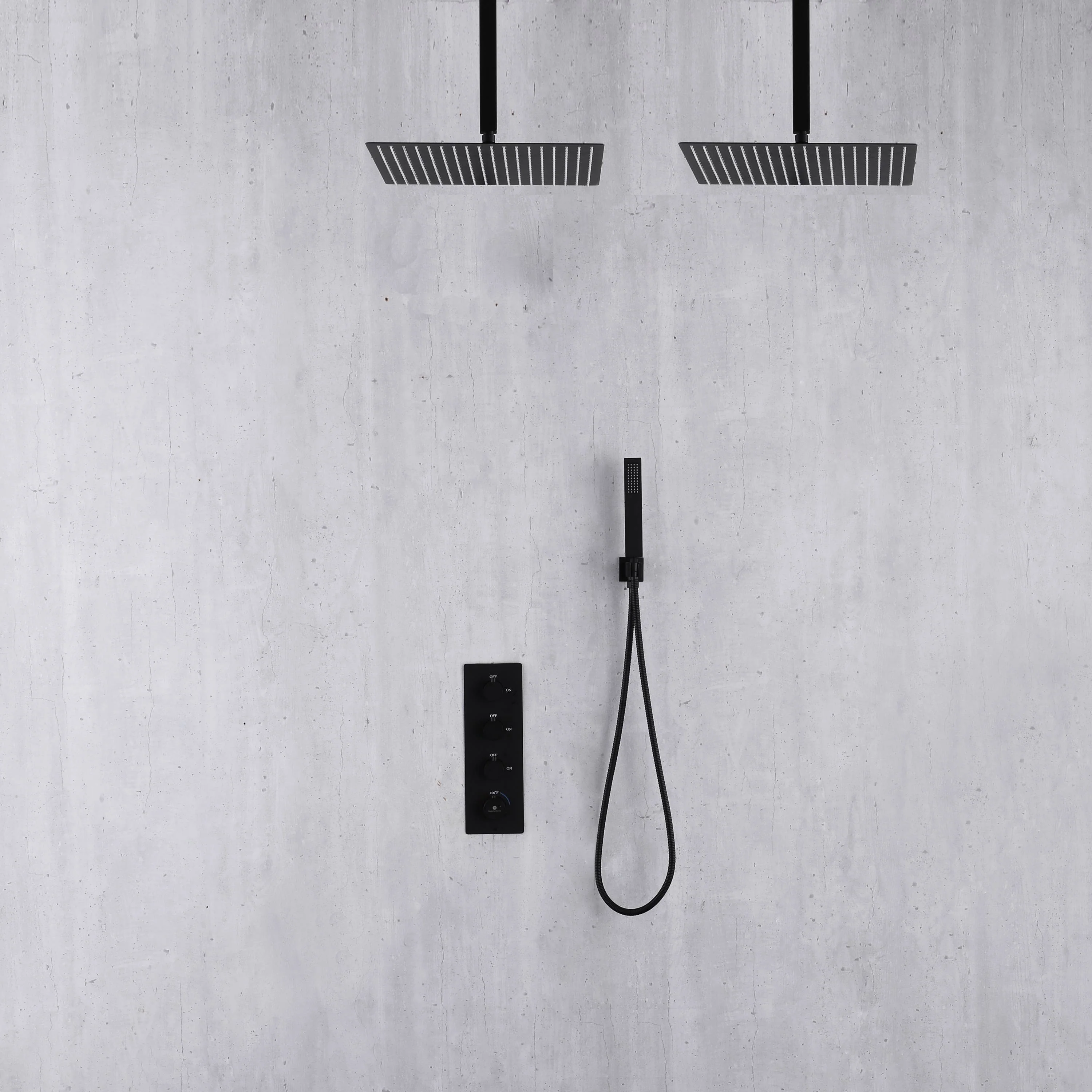 Matte Black ceiling mount 12 or 16 inch rainfall shower head 3 way thermostatic shower faucet - Image 3