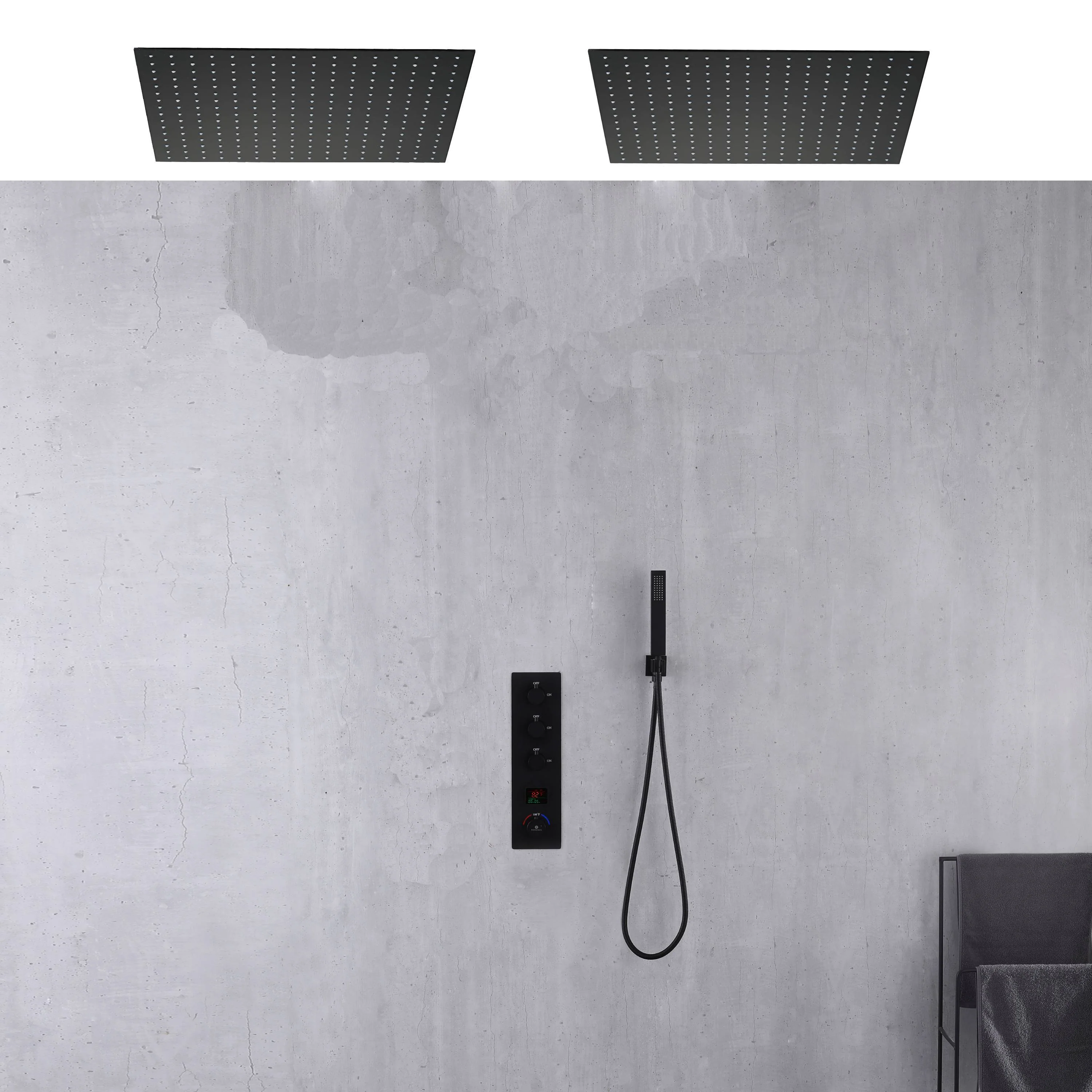 Matte Black Ceiling-Mounted Thermostatic Shower Faucet: 3-Way Digital Display with Dual 20-Inch LED or Non-LED Light Rainfall Shower Heads