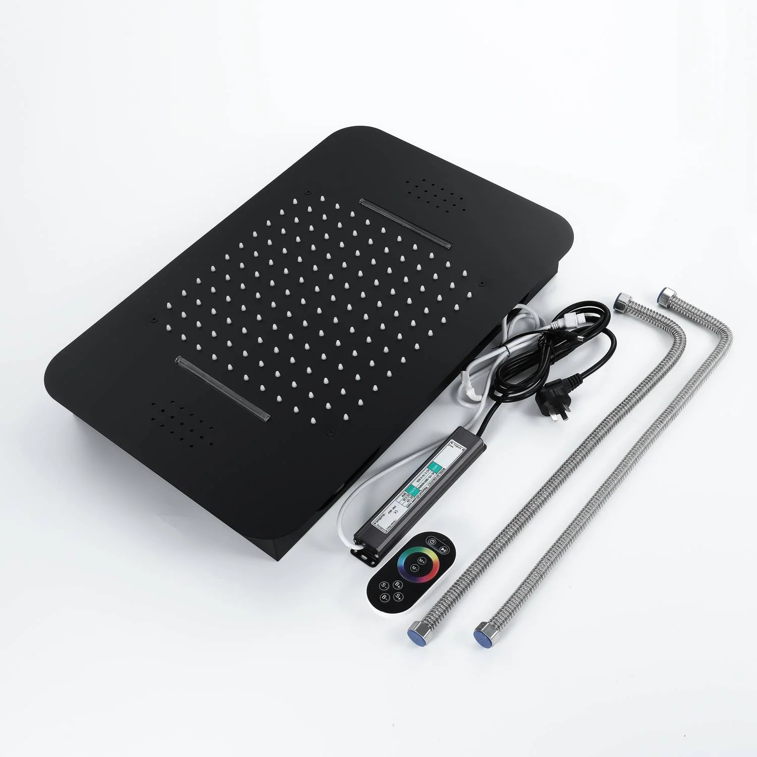 Matte Black 5-Way Thermostatic Shower System with 23x15-Inch LED Music Showerhead, Regular Shower Head, and Body Jets, Flush-Mounted Design - Image 10