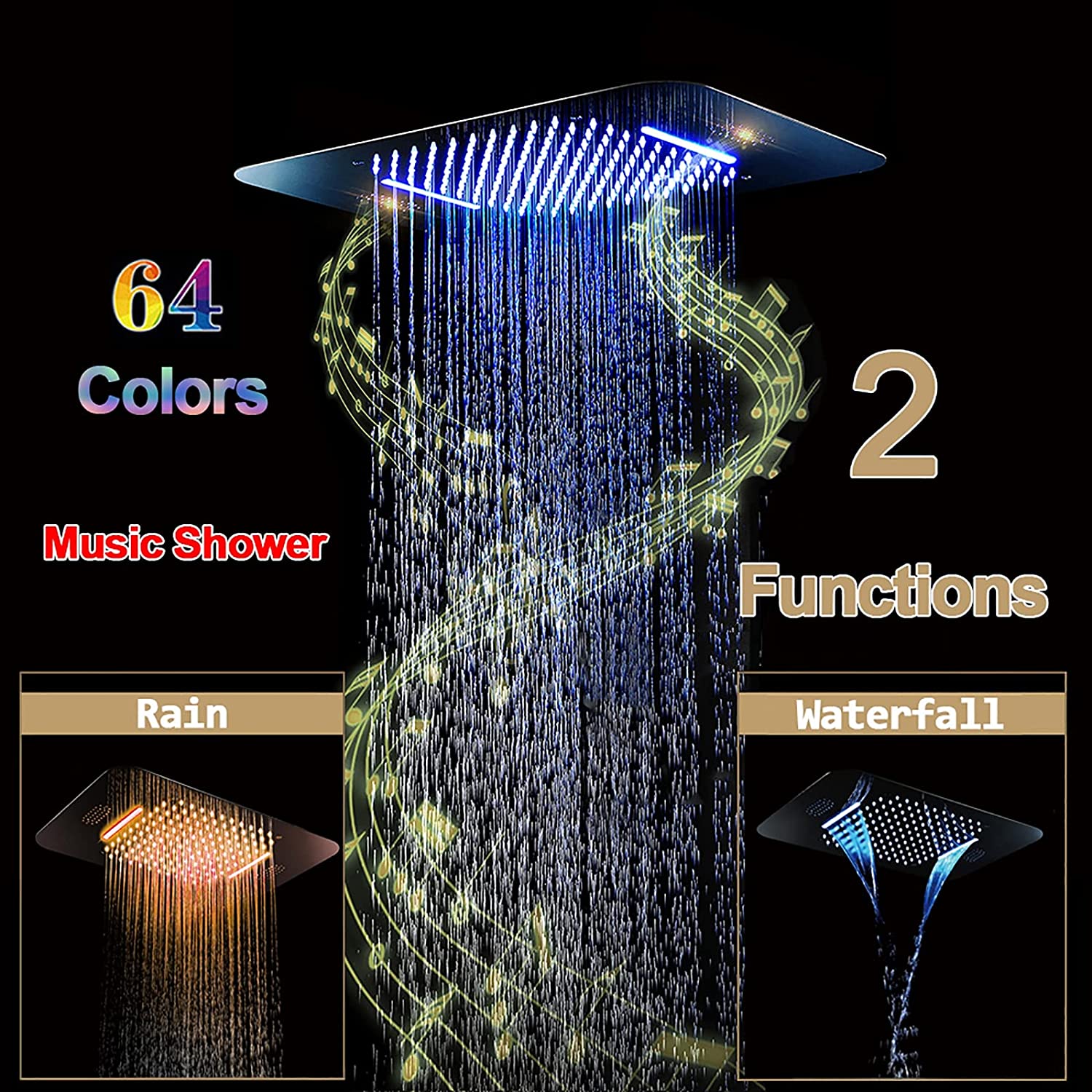 Matte Black 5-Way Thermostatic Shower System with 23x15-Inch LED Music Showerhead, Regular Shower Head, and Body Jets, Flush-Mounted Design - Image 2