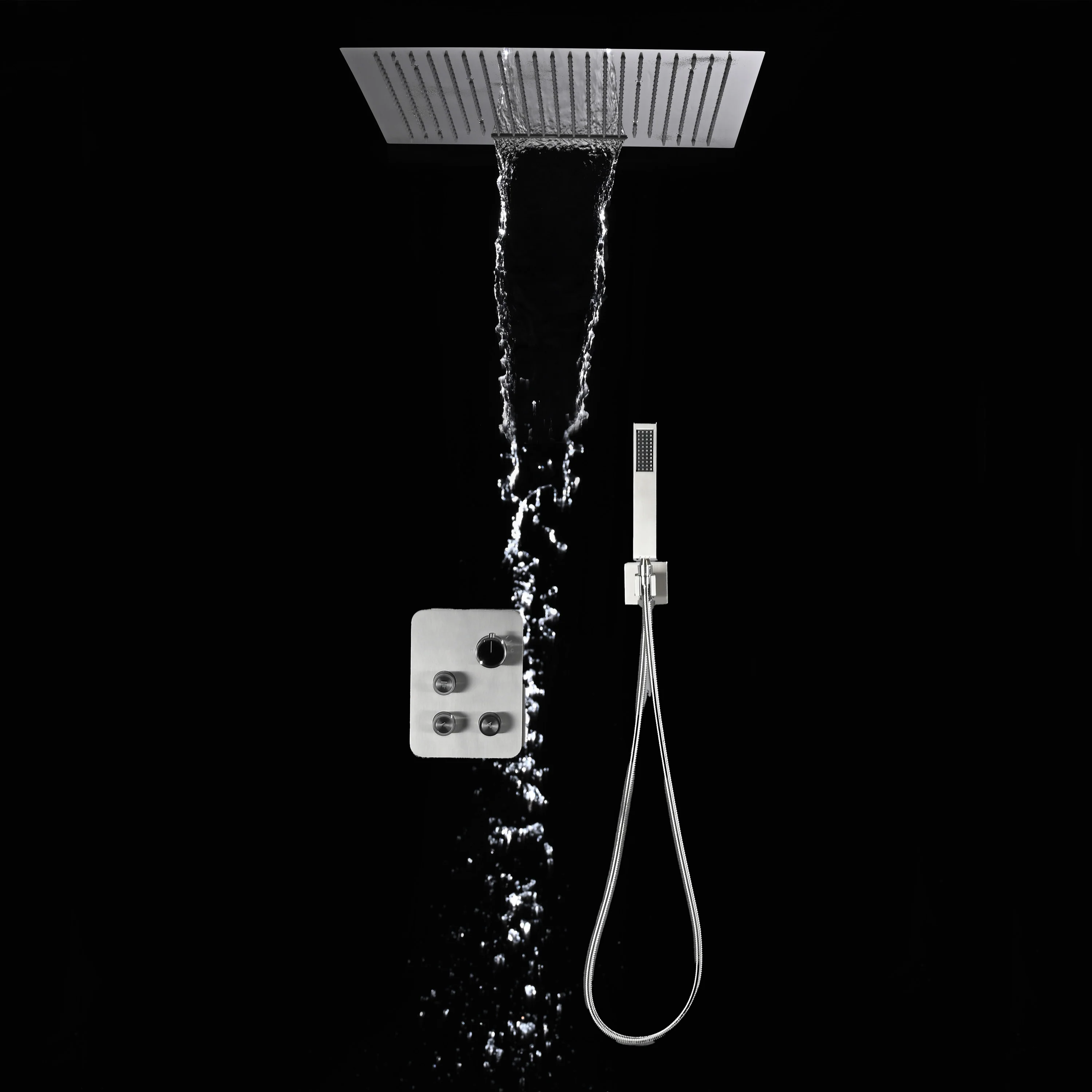 24 inch flush mount rainfall waterfall shower head 3 way thermostatic shower faucet with handle wand - Image 10