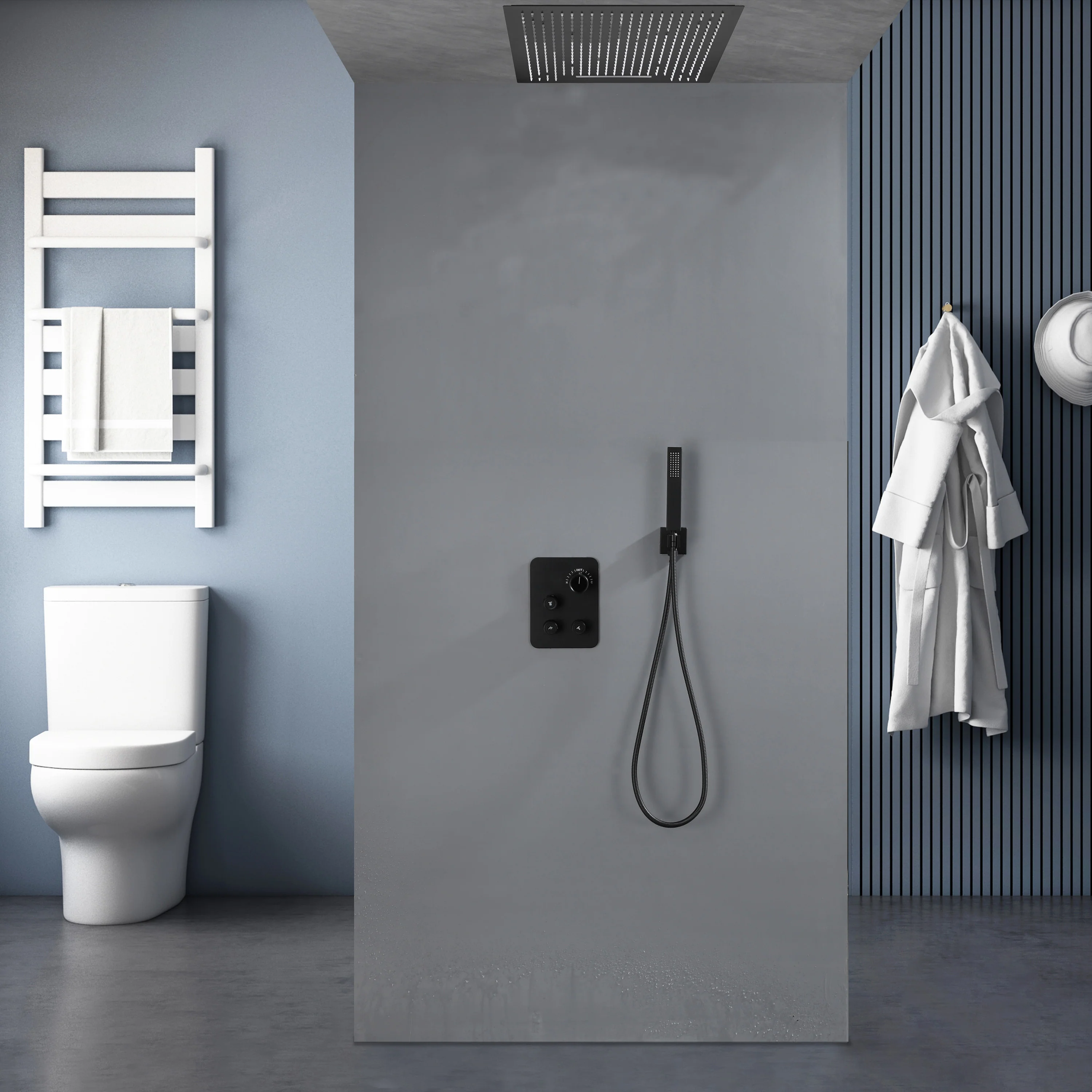 24 inch flush mount rainfall waterfall shower head 3 way thermostatic shower faucet with handle wand - Image 14