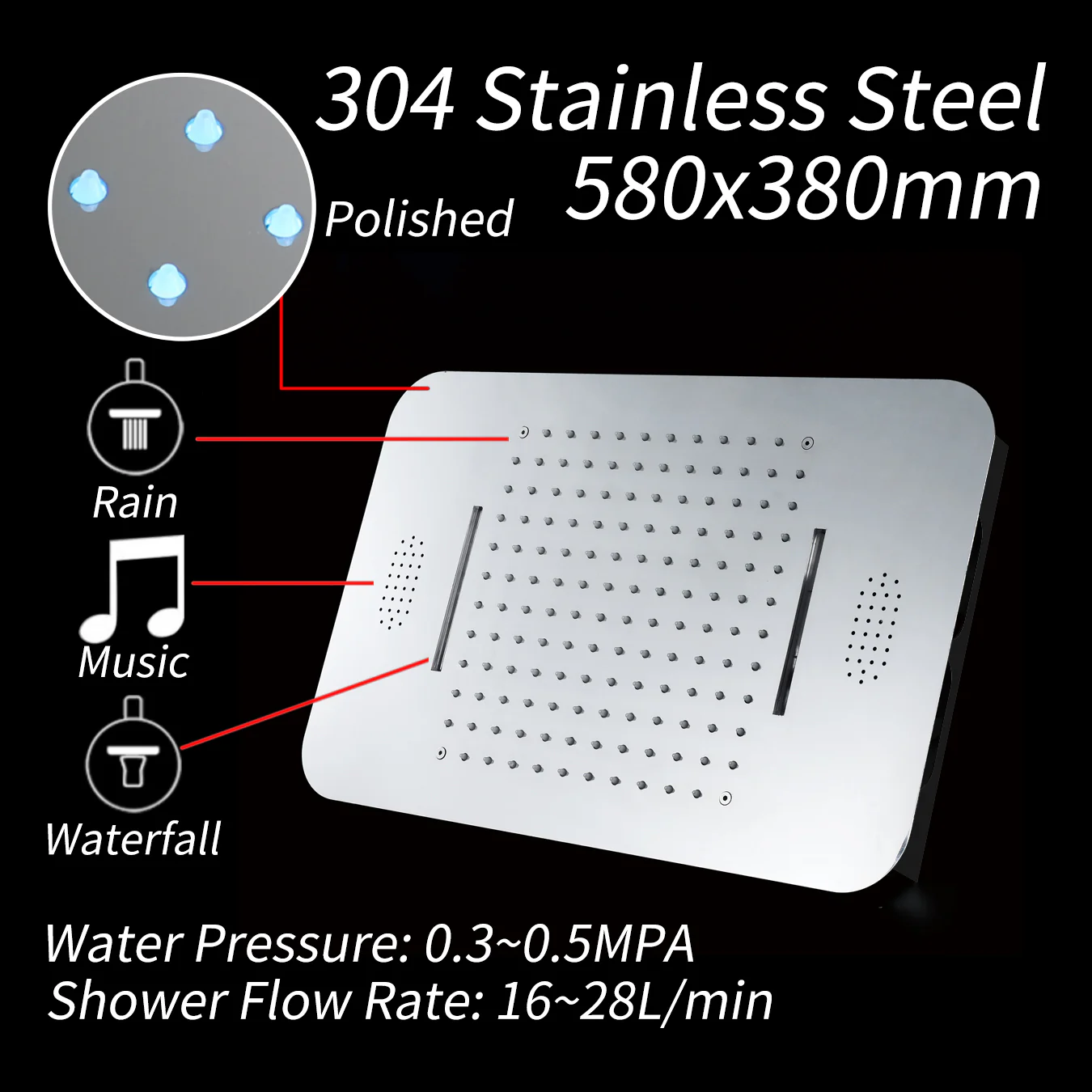 Brushed nickel Music LED Flushed in 23X 15inch shower head 4 way Digital display thermostatic valve that each function run at the same time and separately - Image 5