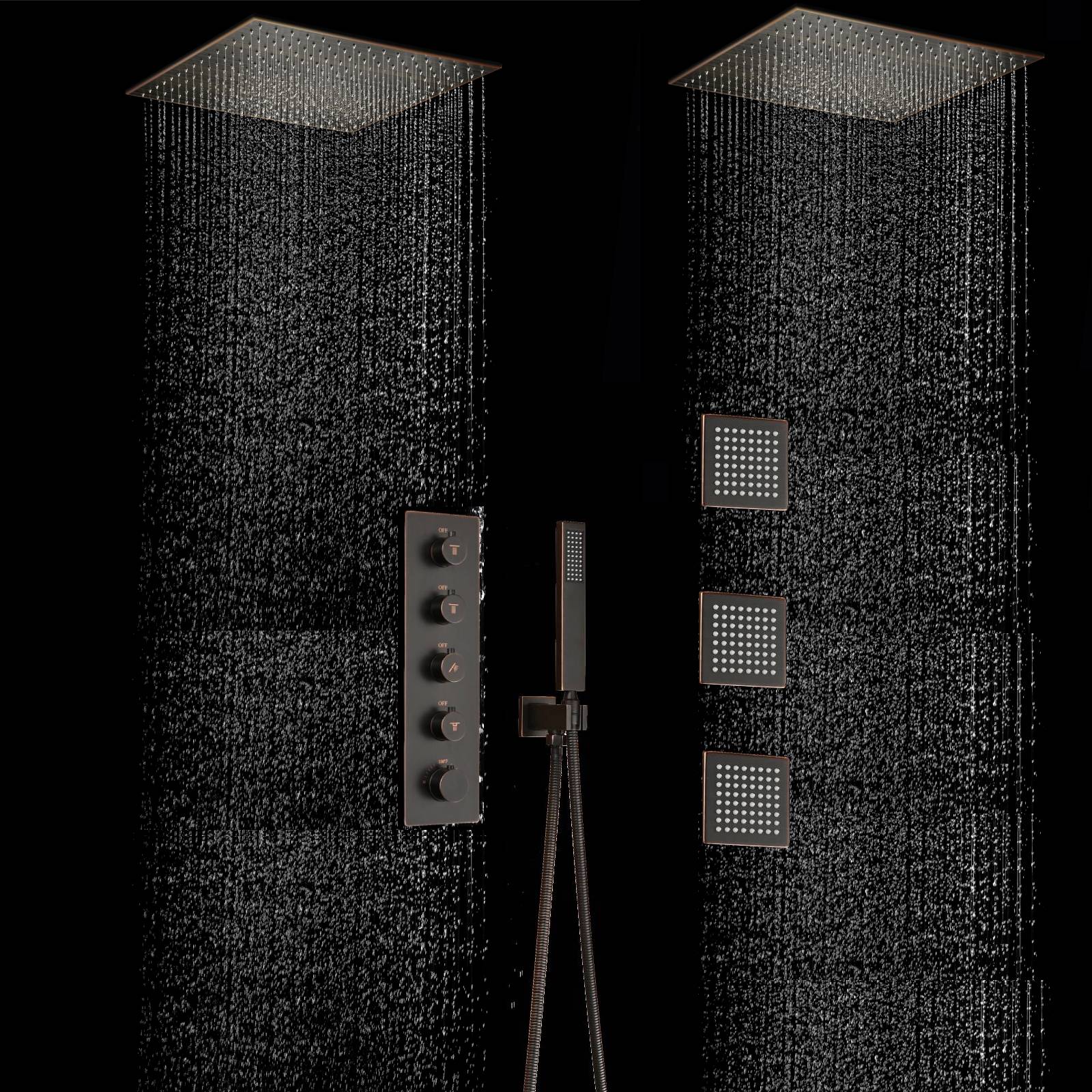 Oil Rubbed Bronze Ceiling Mount Dual 20-Inch Rainfall Shower Head with 4-Way Thermostatic System with Body Jets