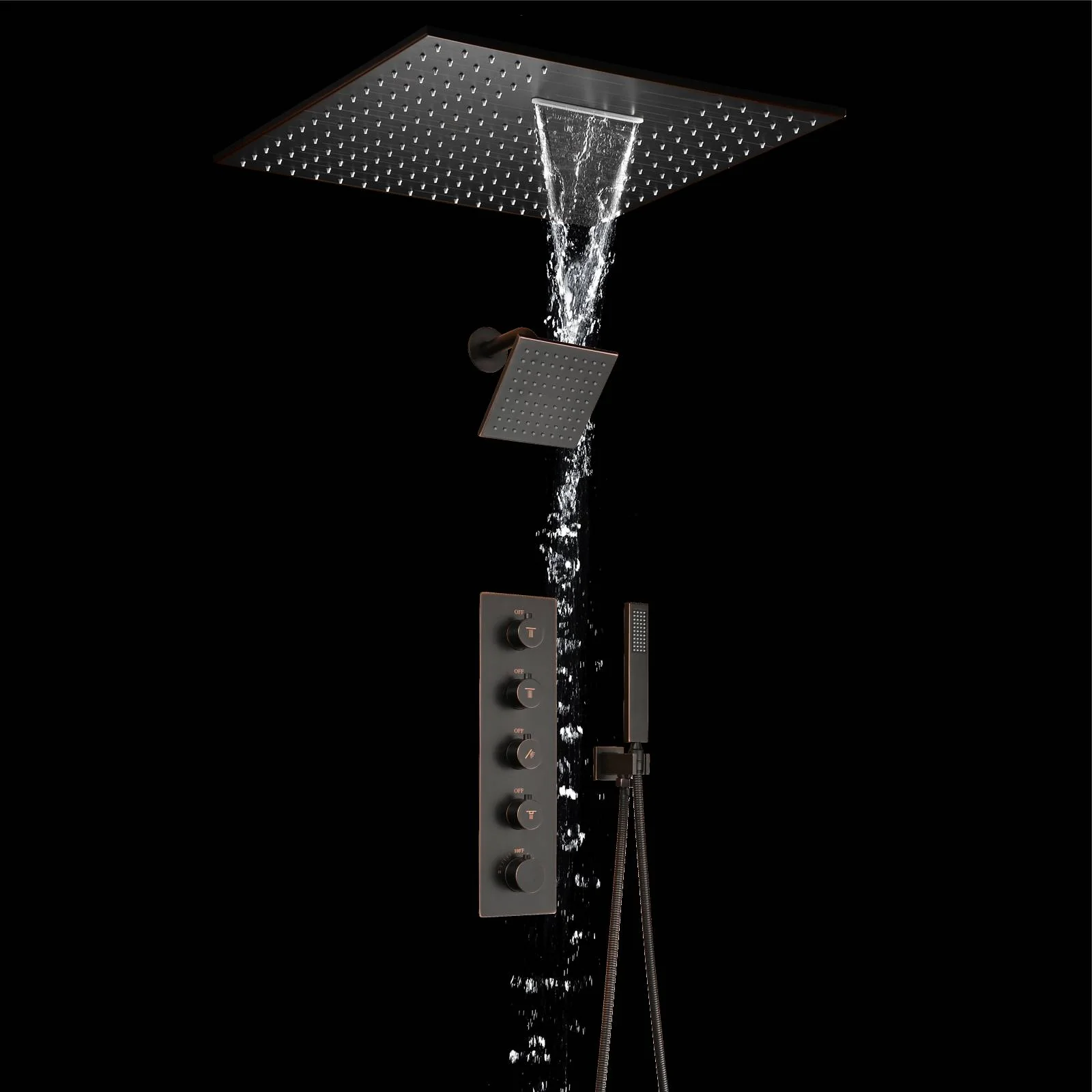 Oil Rubbed Bronze Ceiling Mount 20-Inch Rainfall Waterfall Shower Head with 4-Way Thermostatic System and High Water Pressure Wall Mount Shower Head