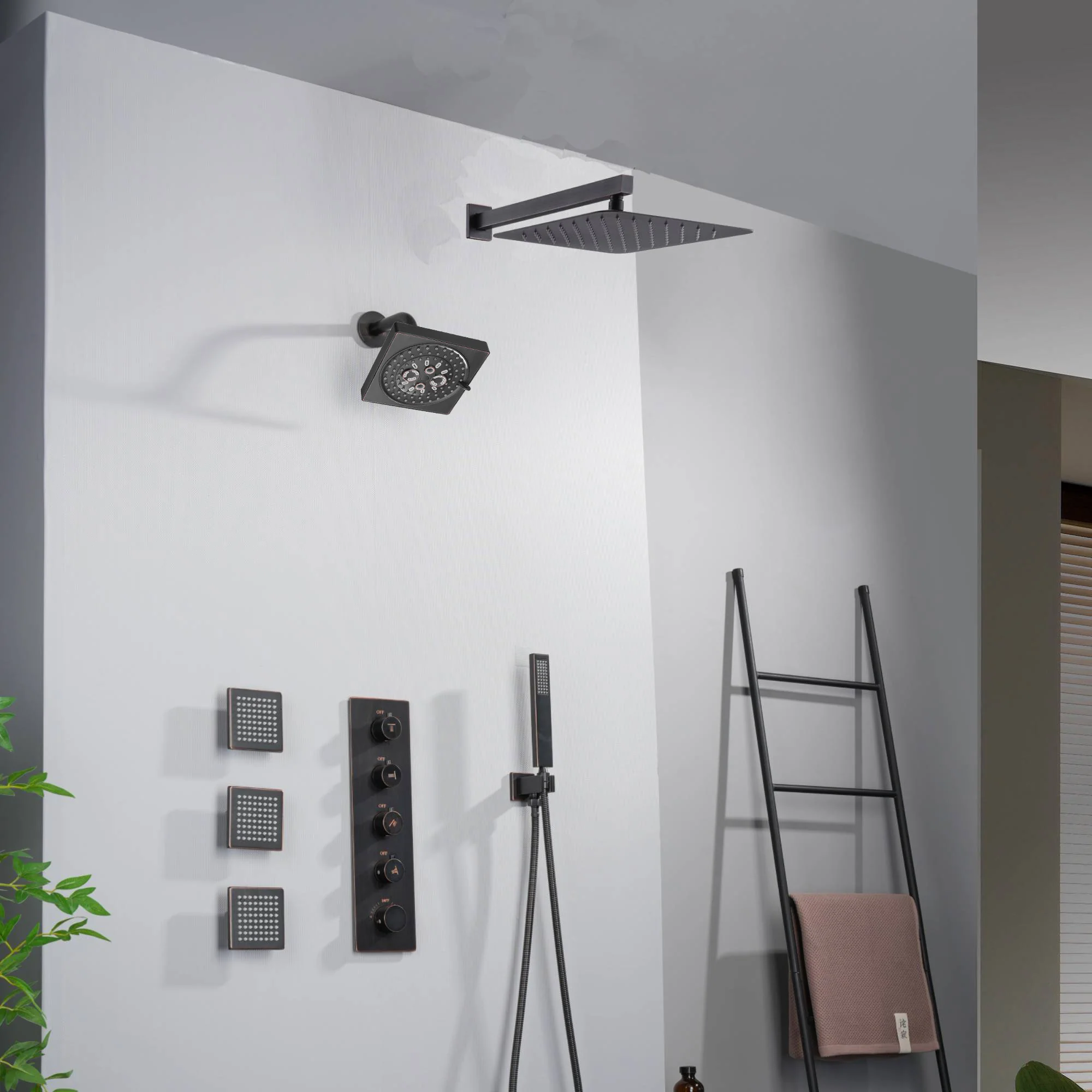 Oil Rubbed Bronze Wall Mount Rainfall Shower Head with 4-Way Thermostatic System, Body Jets, and High Water Pressure Wall Mount Shower Head - Image 2