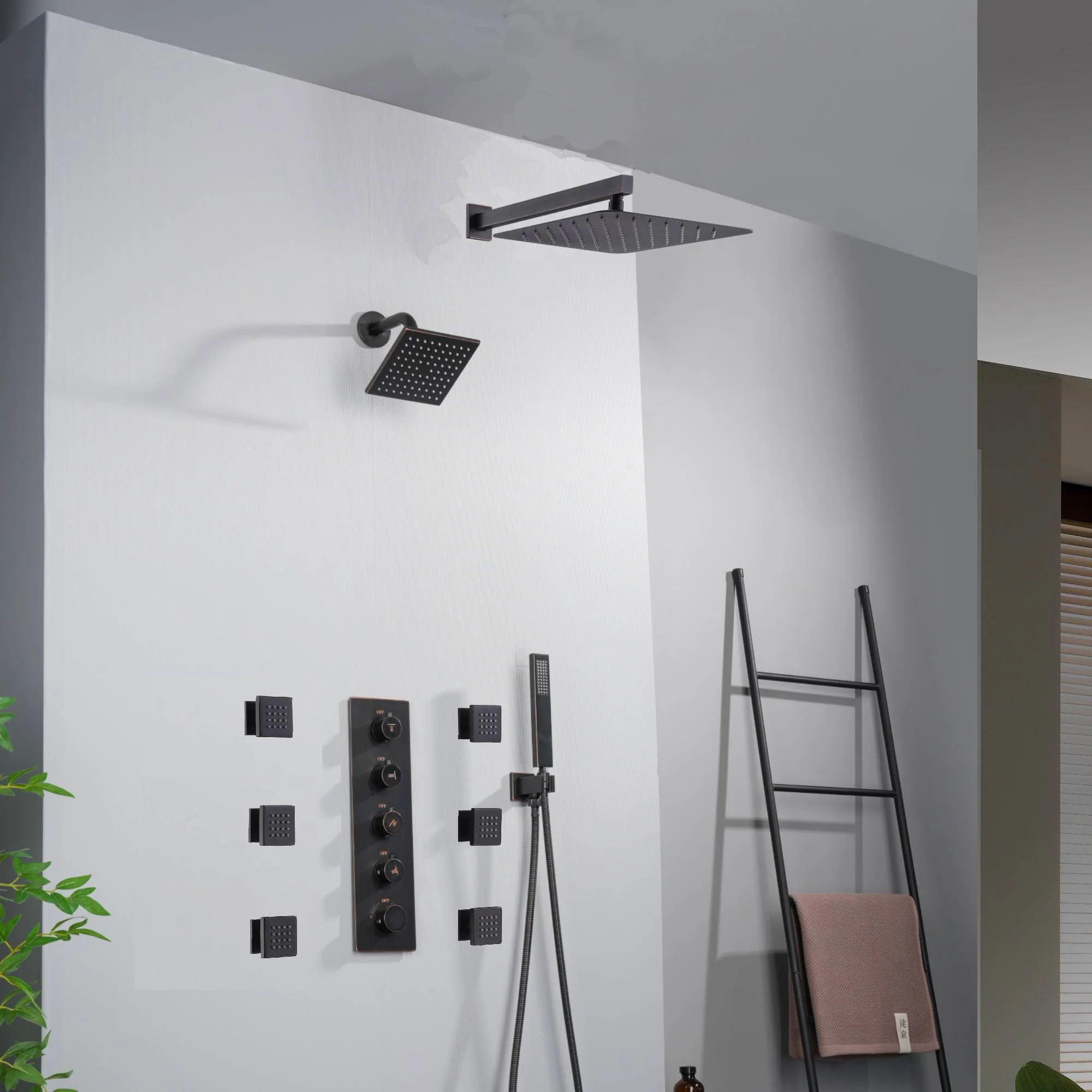 Oil Rubbed Bronze Wall Mount Rainfall Shower Head with 4-Way Thermostatic System, Body Jets, and High Water Pressure Wall Mount Shower Head - Image 3