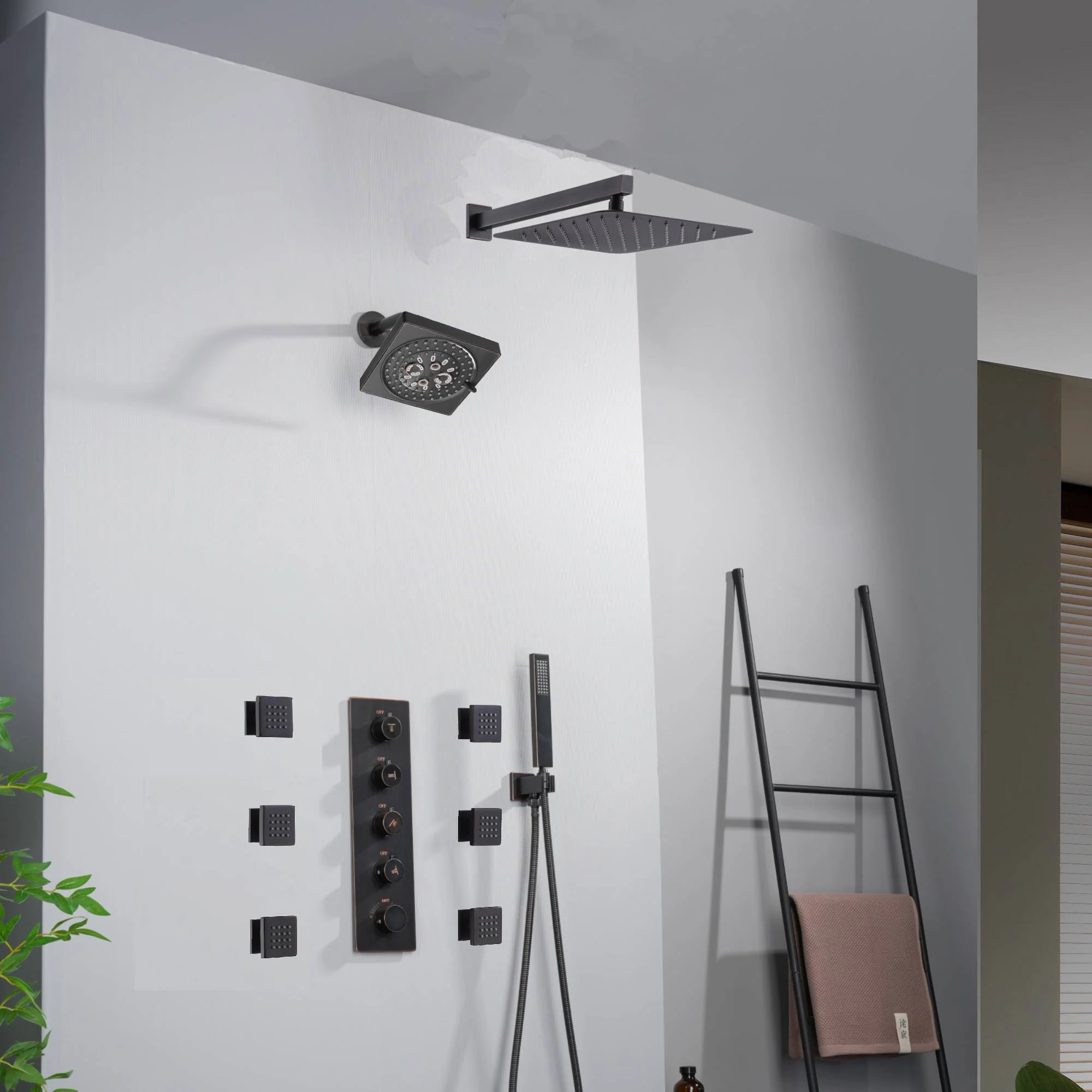 Oil Rubbed Bronze Wall Mount Rainfall Shower Head with 4-Way Thermostatic System, Body Jets, and High Water Pressure Wall Mount Shower Head - Image 4