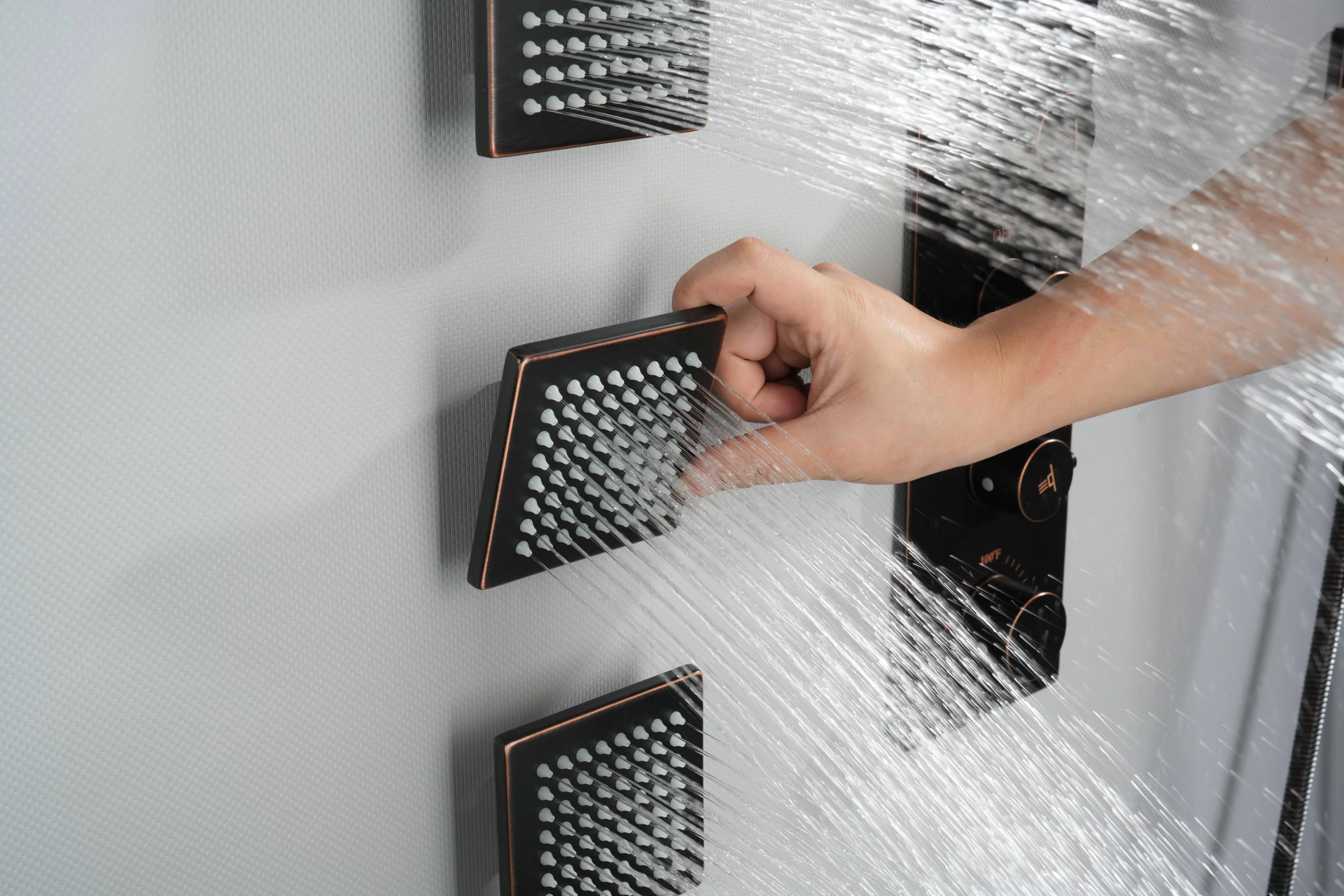 Oil Rubbed Bronze Wall Mount Rainfall Shower Head with 4-Way Thermostatic System, Body Jets, and High Water Pressure Wall Mount Shower Head - Image 5