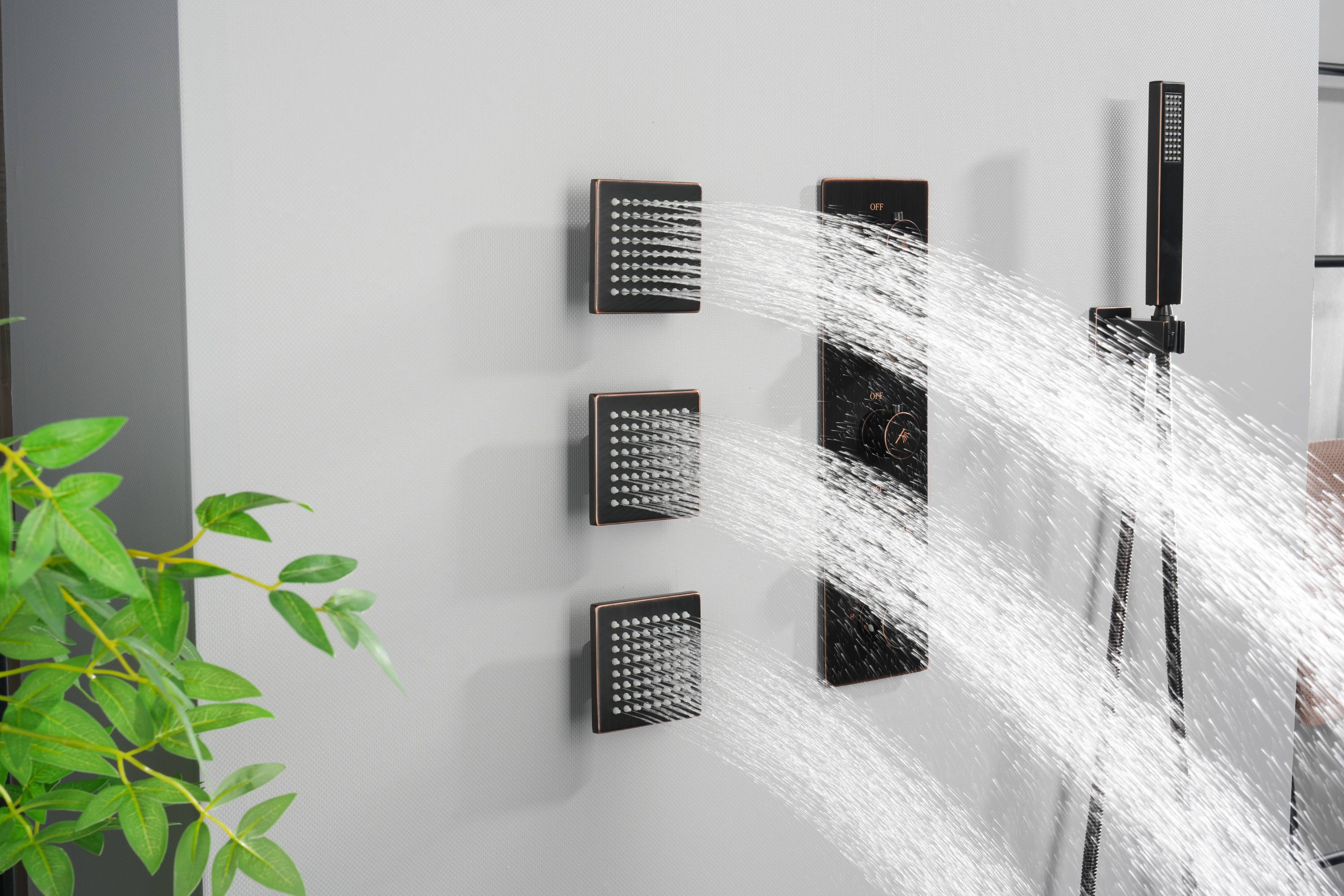 Oil Rubbed Bronze Wall Mount Rainfall Shower Head with 4-Way Thermostatic System, Body Jets, and High Water Pressure Wall Mount Shower Head - Image 6