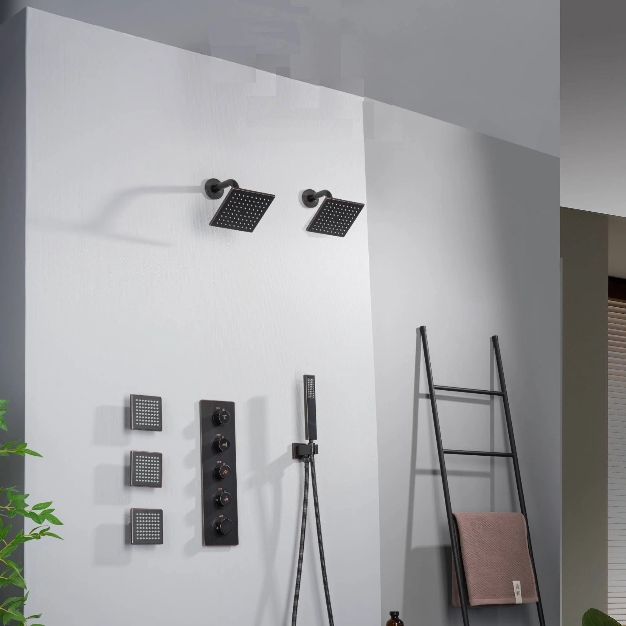 Oil Rubbed Bronze Wall Mount High water pressure Dual Regular Shower Heads with 4-Way Thermostatic System, Body Jets