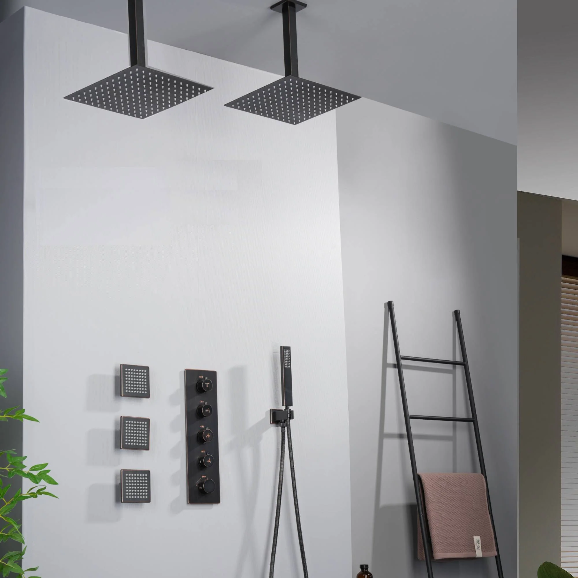 Oil Rubbed Bronze Ceiling Mount Dual Rainfall Shower Head with 4-Way Thermostatic System, Body Jets