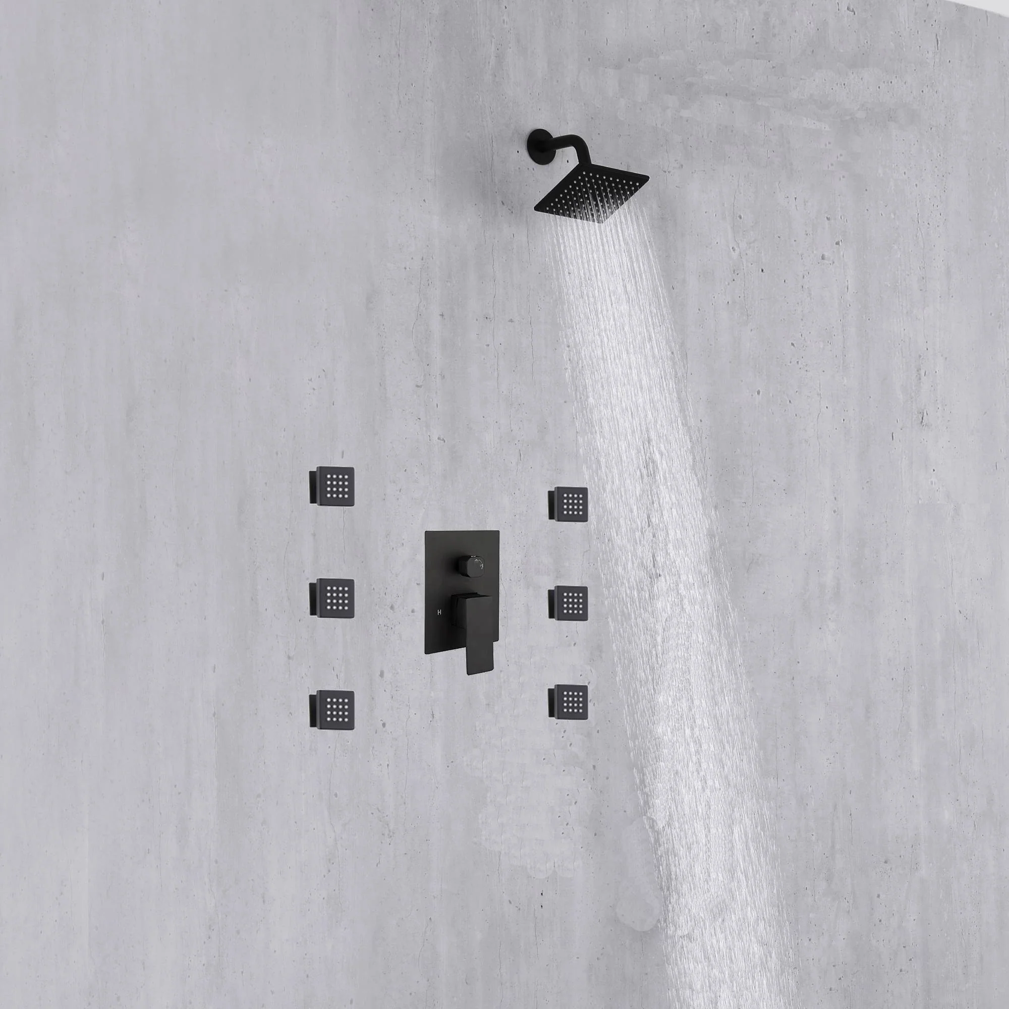 two functions 6 inch regular head Wall Mounted Matte Black shower faucet pressure balance rough in valve with body jets