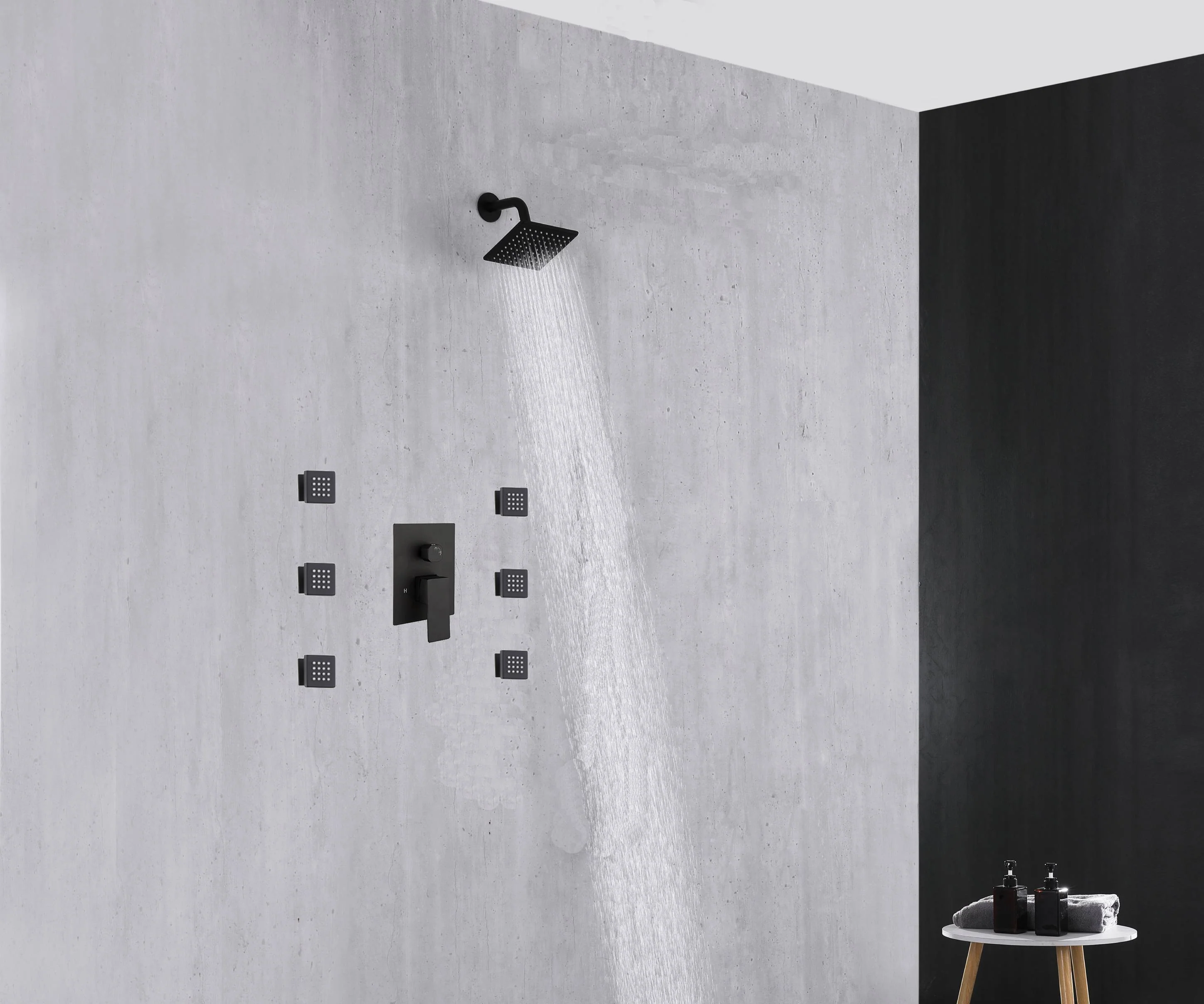 two functions 6 inch regular head Wall Mounted Matte Black shower faucet pressure balance rough in valve with body jets - Image 2