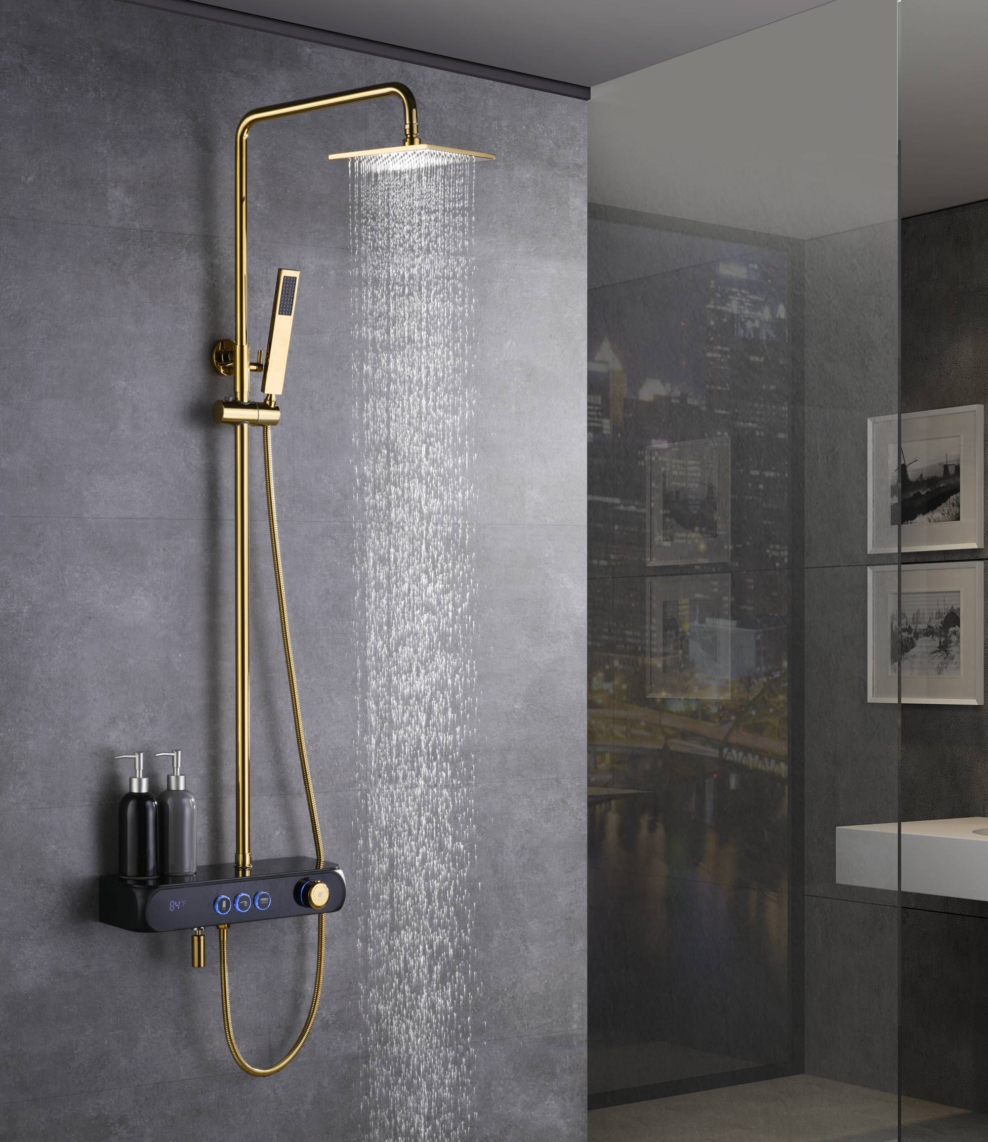 Digital Brushed Gold or Polished gold Wall-Mounted Rain Shower and Bathtub Mixer with Handheld Shower - Image 10
