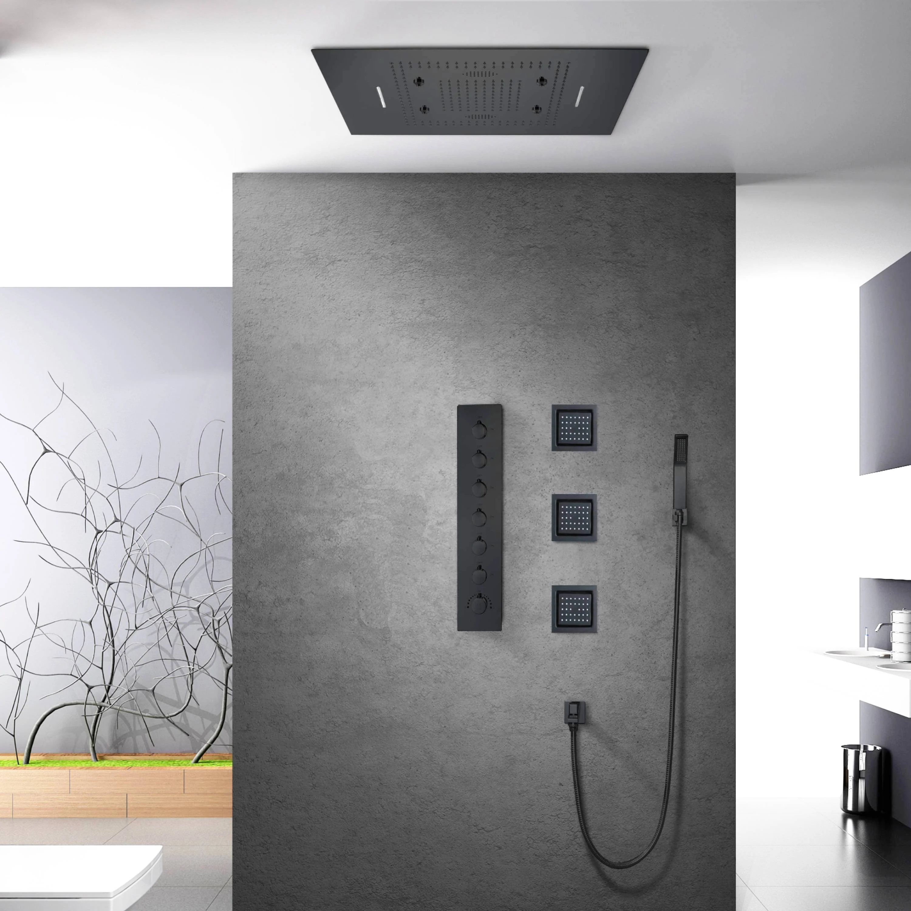 Matte Black 31" LED Rainfall Shower Head with Faucet, Massage Jets & Thermostatic Valve - Image 11