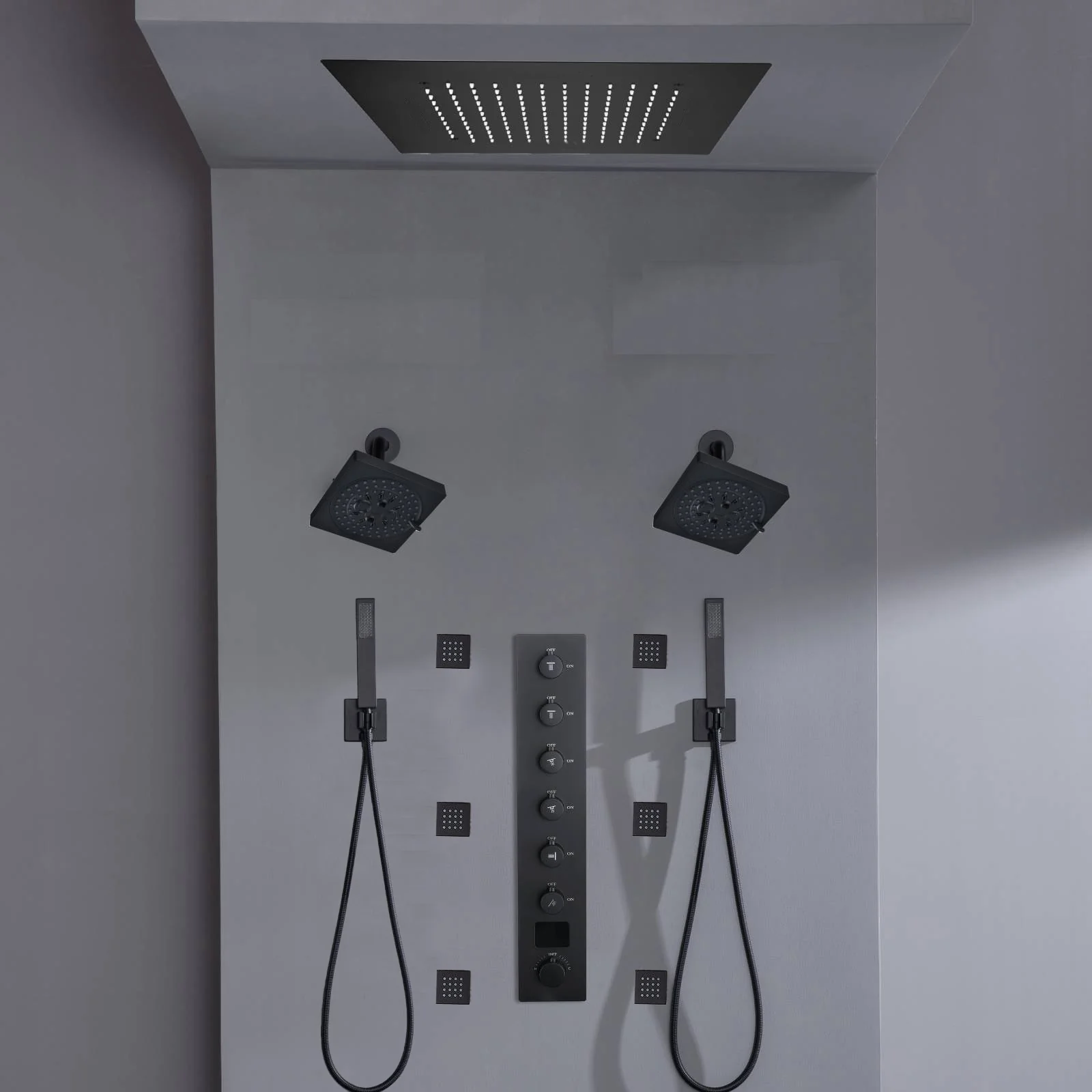 Flush mount 20 inch Rainfall shower head 6 way Digital display thermostatic Shower Faucet with Dual Regular Heads and Body Jets - Image 28