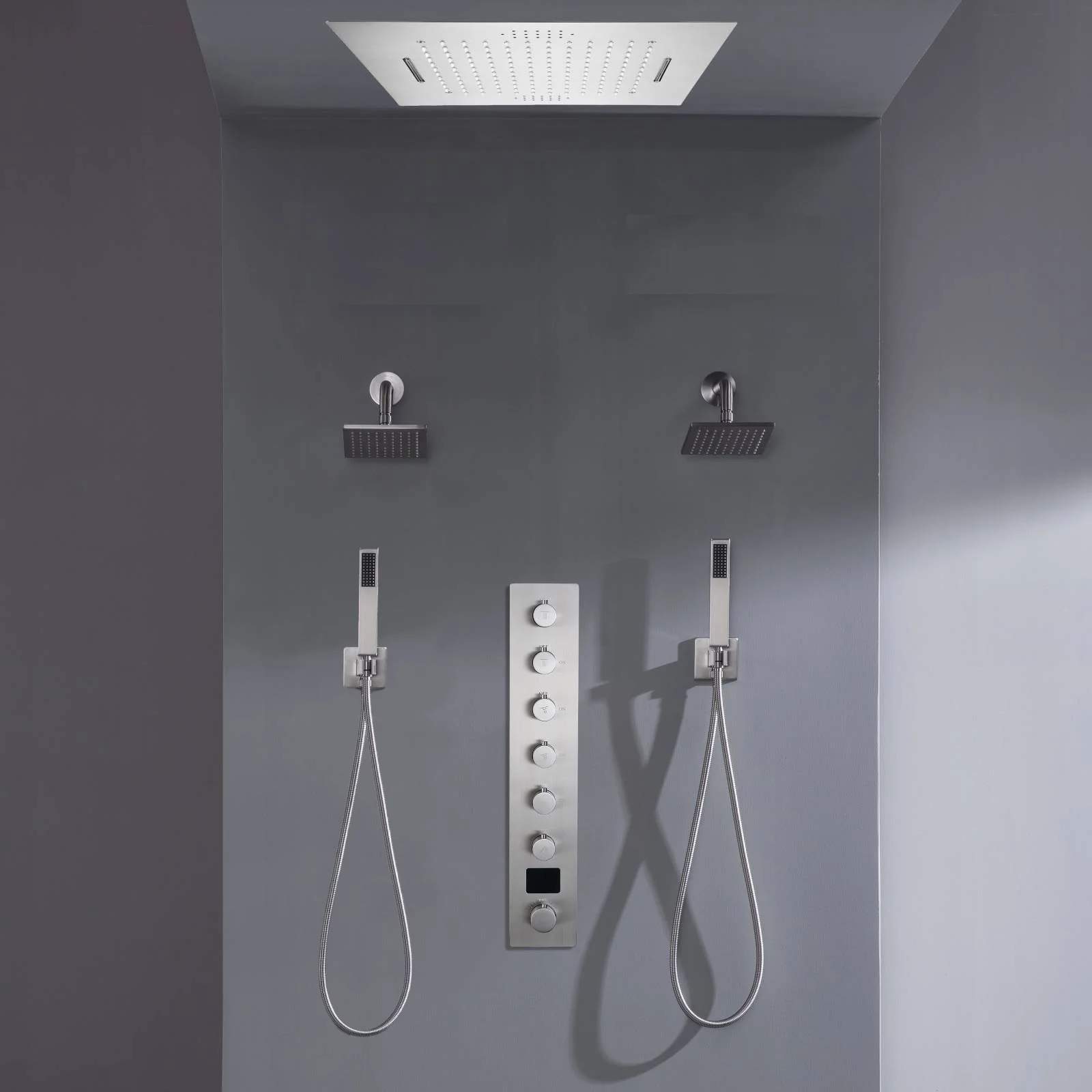 Flush mount 20 inch Rainfall Waterfall shower head 6 way Digital display thermostatic Shower Faucet with Dual Regular Heads - Image 21